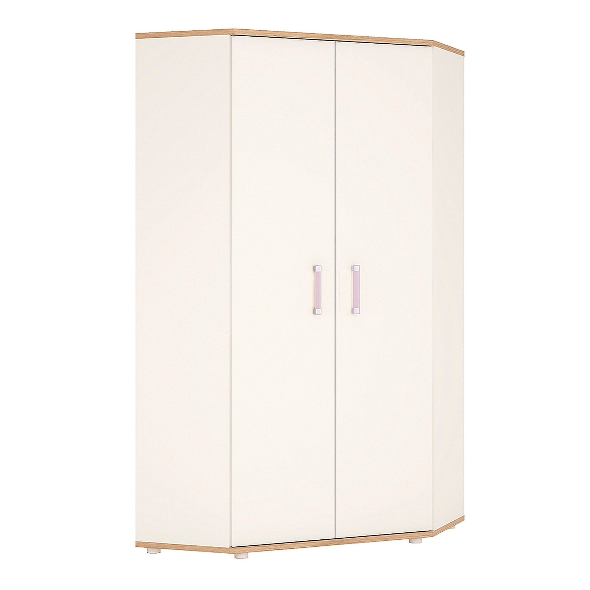 4Kids  Corner Wardrobe in Light Oak and white High Gloss (lilac handles)