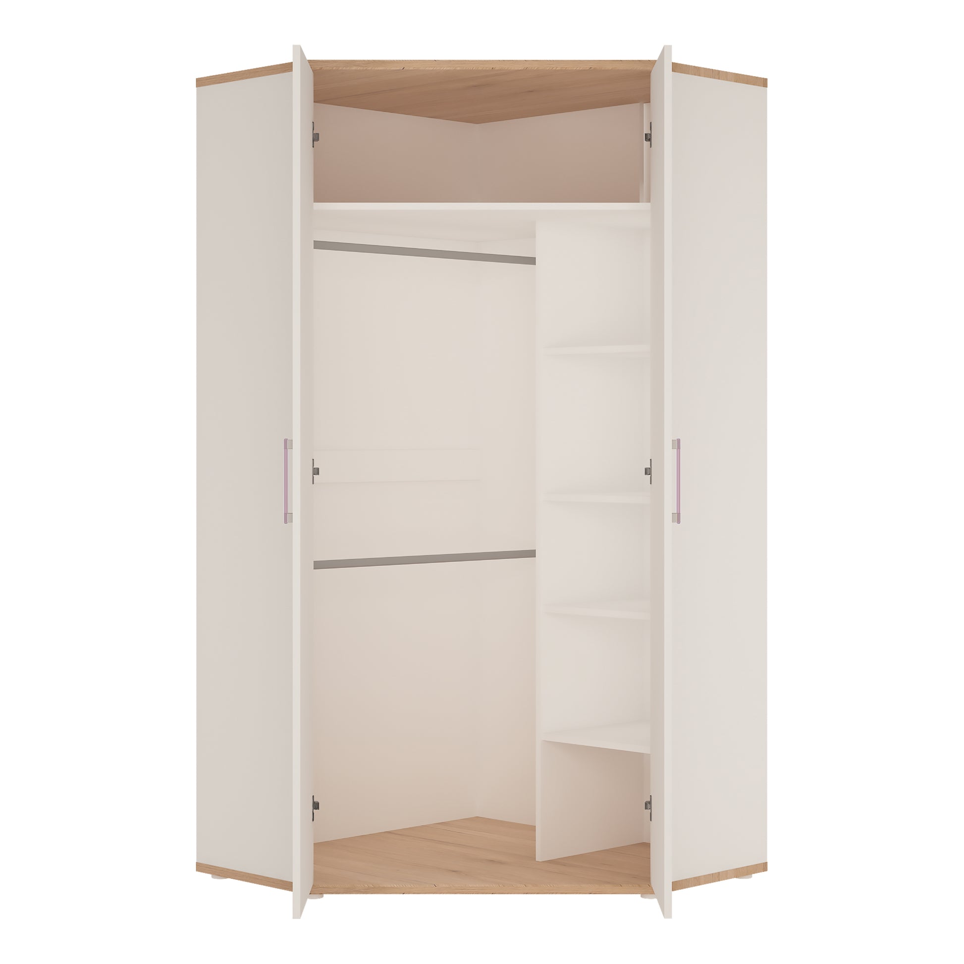 4Kids  Corner Wardrobe in Light Oak and white High Gloss (lilac handles)