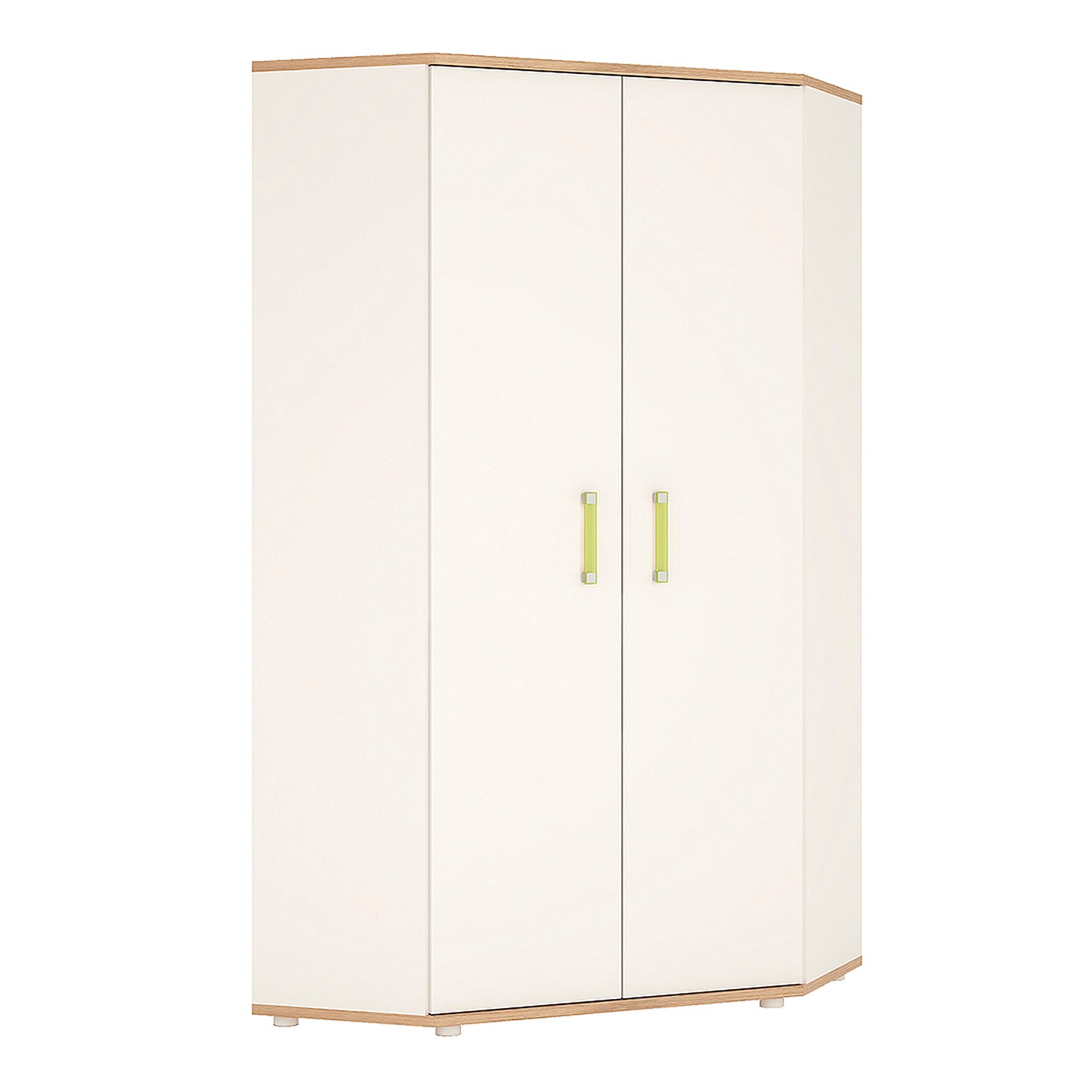 4Kids  Corner Wardrobe in Light Oak and white High Gloss (lemon handles)