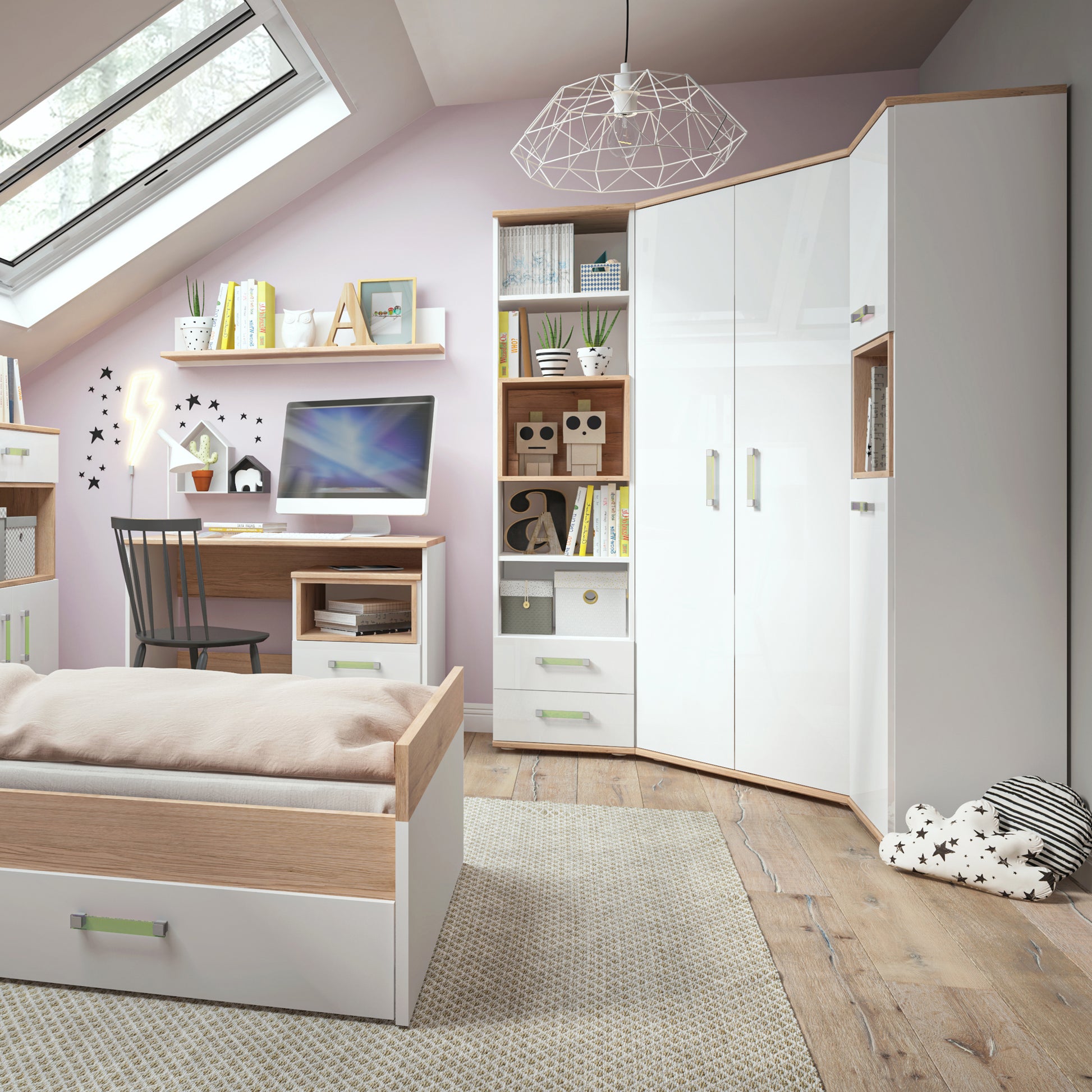 4Kids  Corner Wardrobe in Light Oak and white High Gloss (lemon handles)