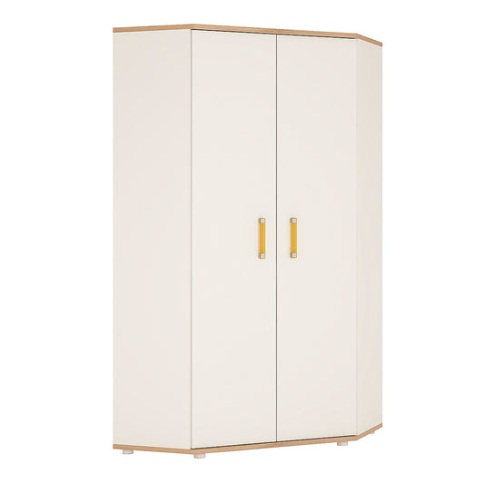 4Kids  Corner Wardrobe in Light Oak and white High Gloss (orange handles)