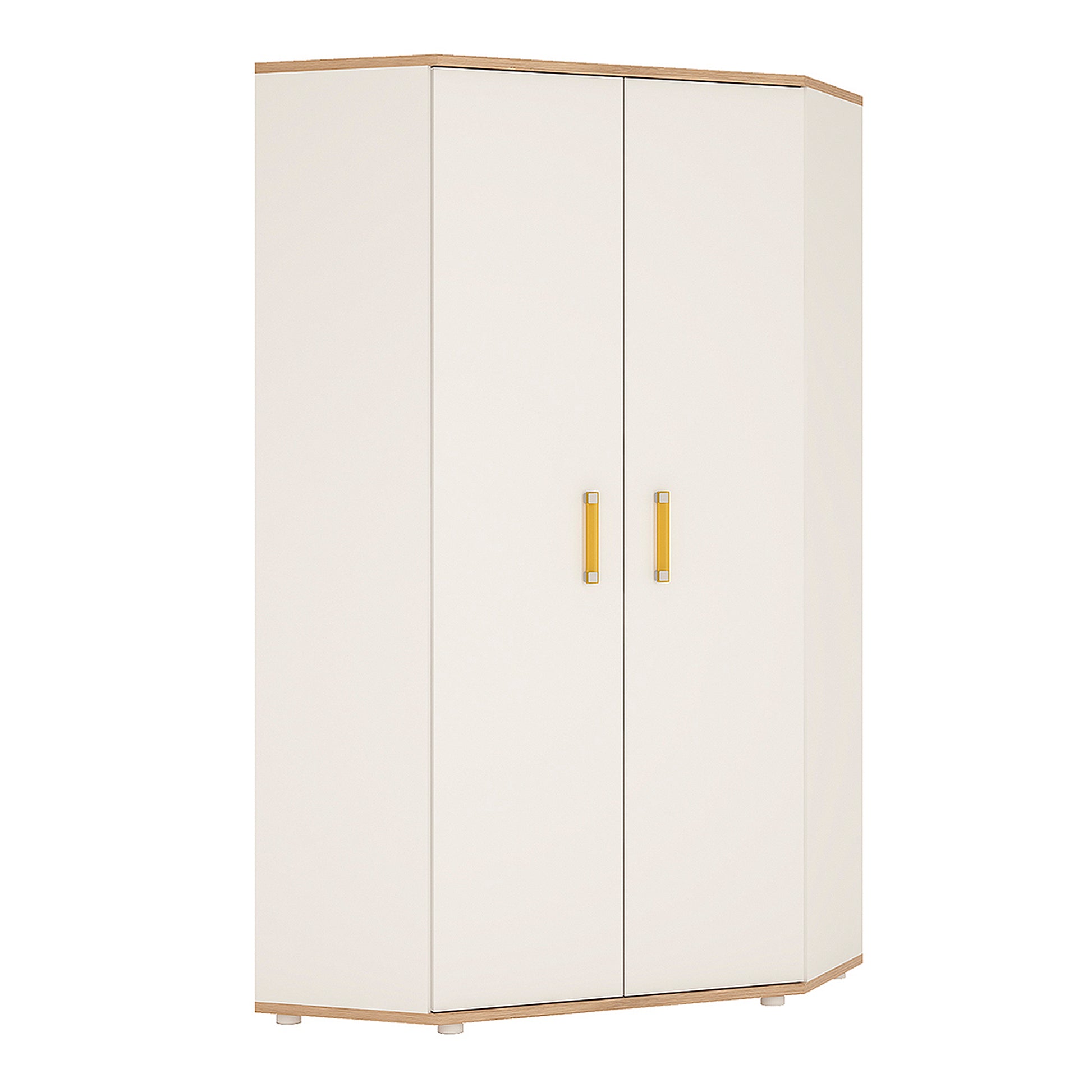 4Kids  Corner Wardrobe in Light Oak and white High Gloss (orange handles)