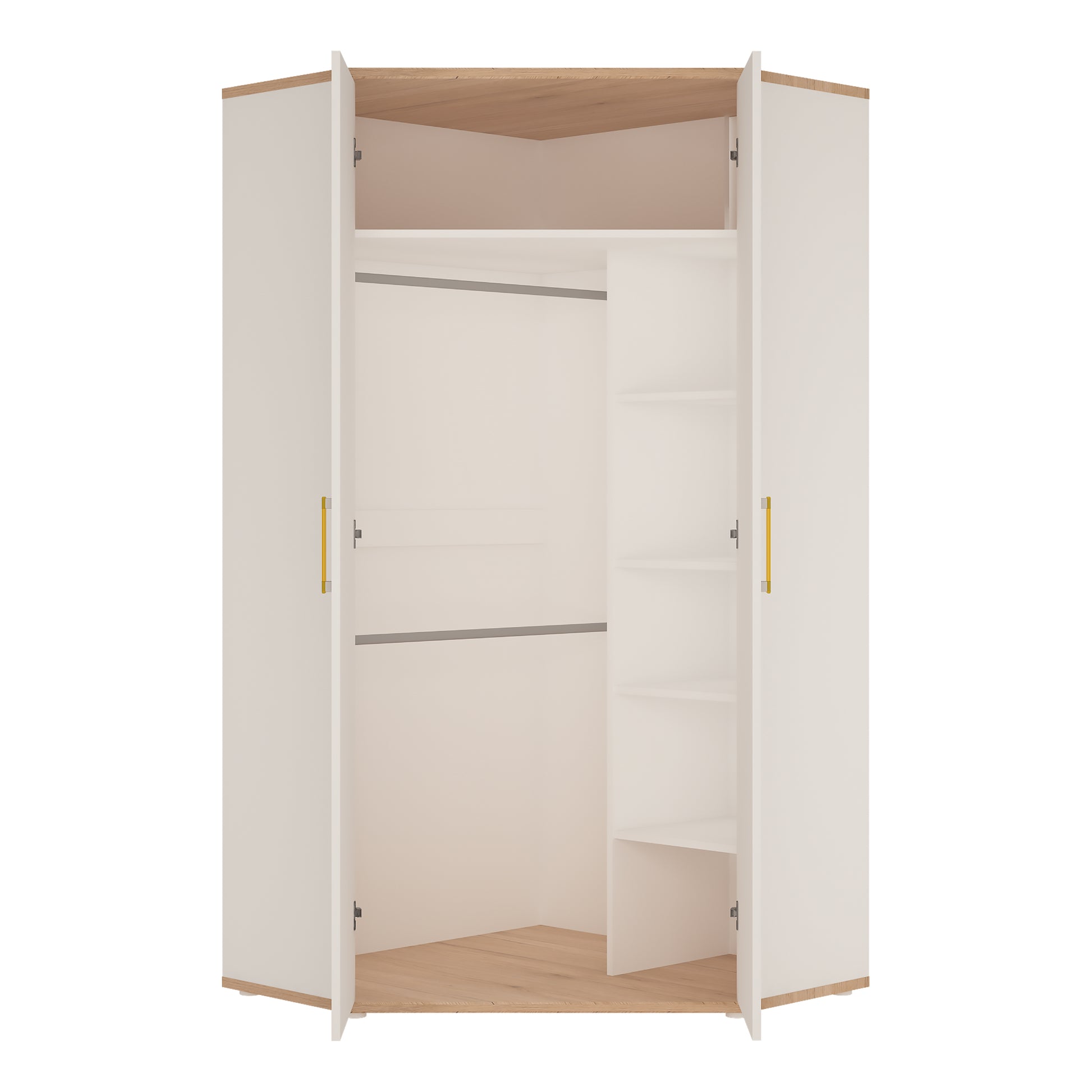 4Kids  Corner Wardrobe in Light Oak and white High Gloss (orange handles)