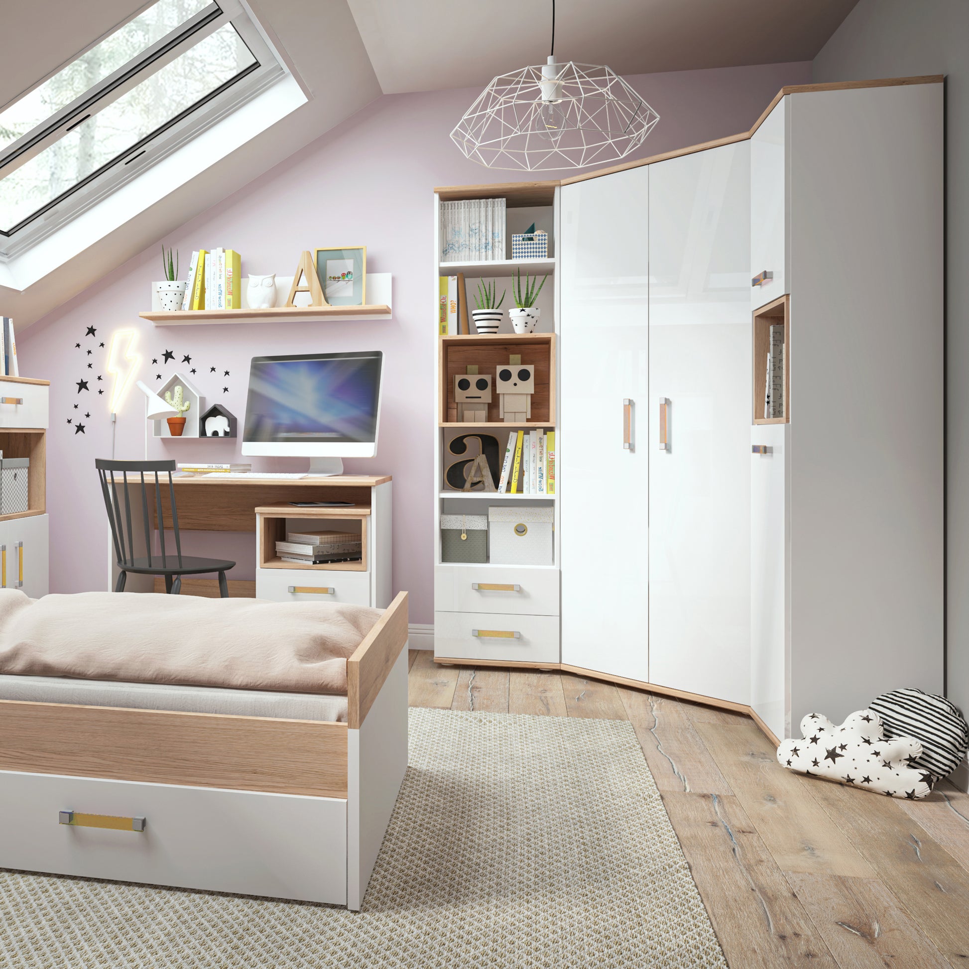 4Kids  Corner Wardrobe in Light Oak and white High Gloss (orange handles)