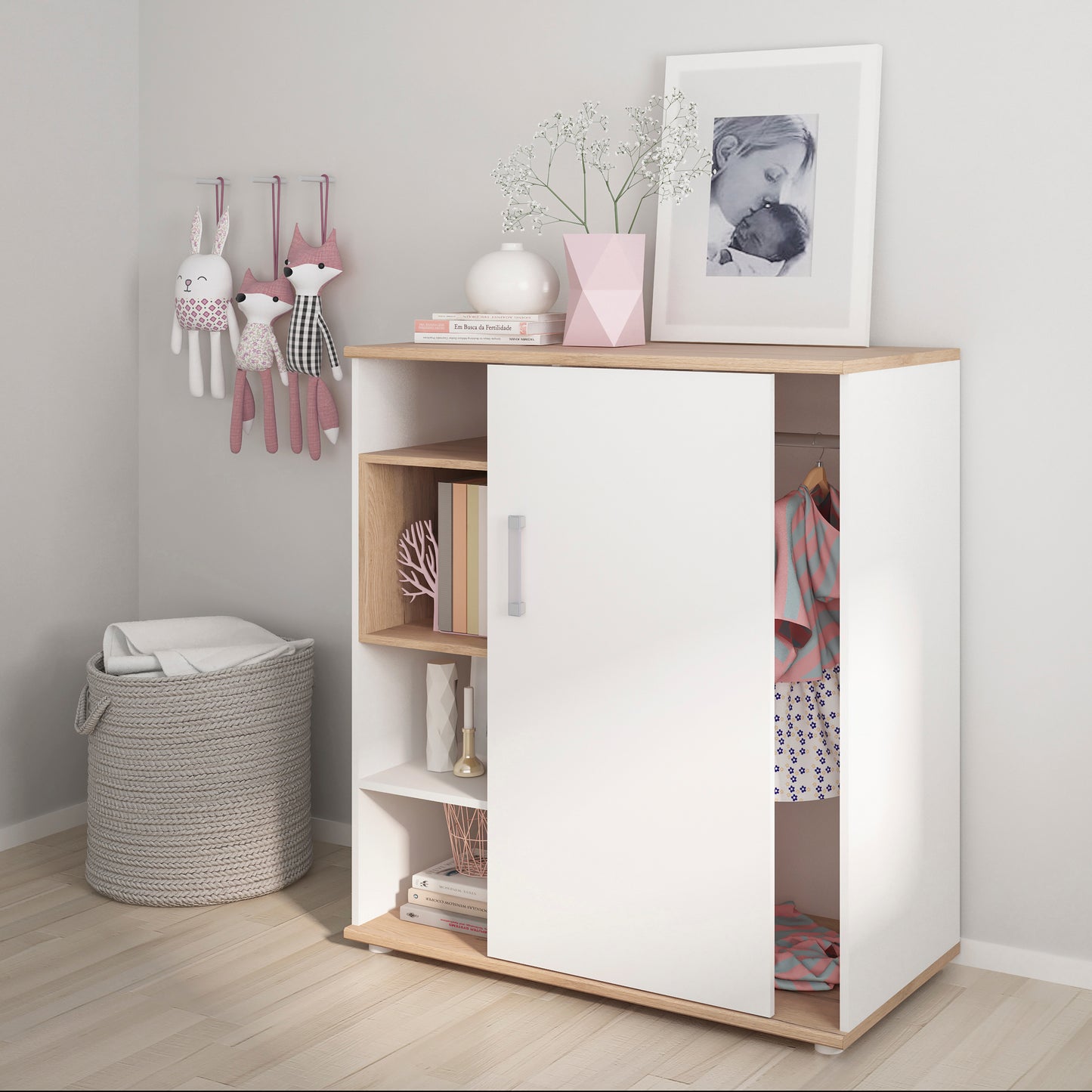 4Kids  Low Cabinet with shelves (Sliding Door) in Light Oak and white High Gloss (opalino handles)