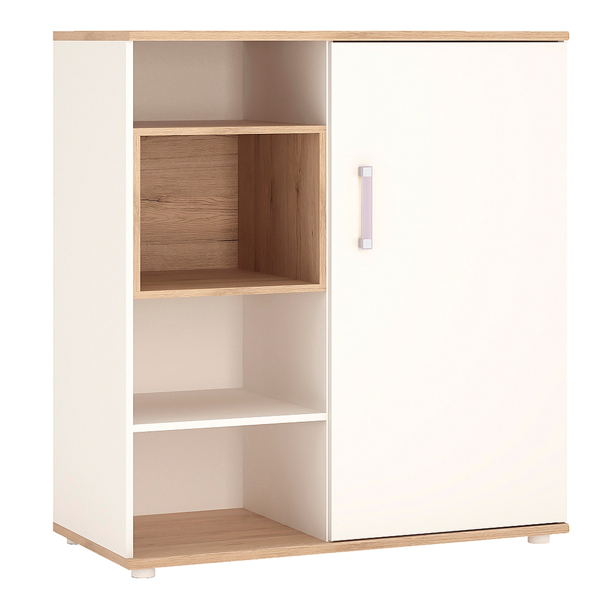 4Kids  Low Cabinet with shelves (Sliding Door) in Light Oak and white High Gloss (lilac handles)