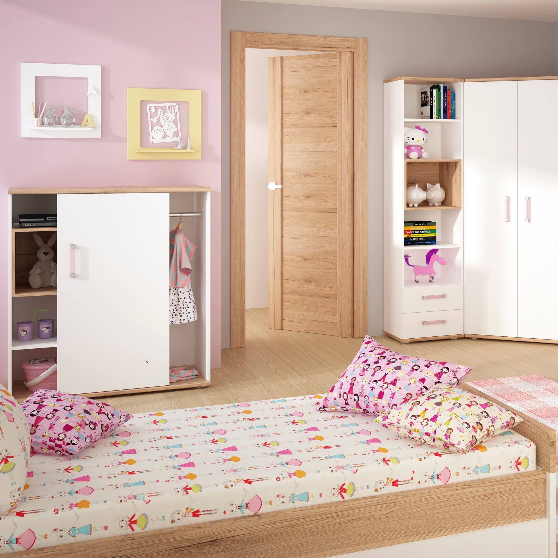 4Kids  Low Cabinet with shelves (Sliding Door) in Light Oak and white High Gloss (lilac handles)