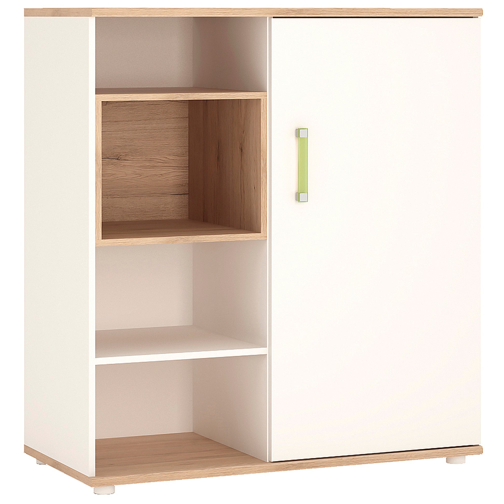 4Kids  Low Cabinet with shelves (Sliding Door) in Light Oak and white High Gloss (lemon handles)