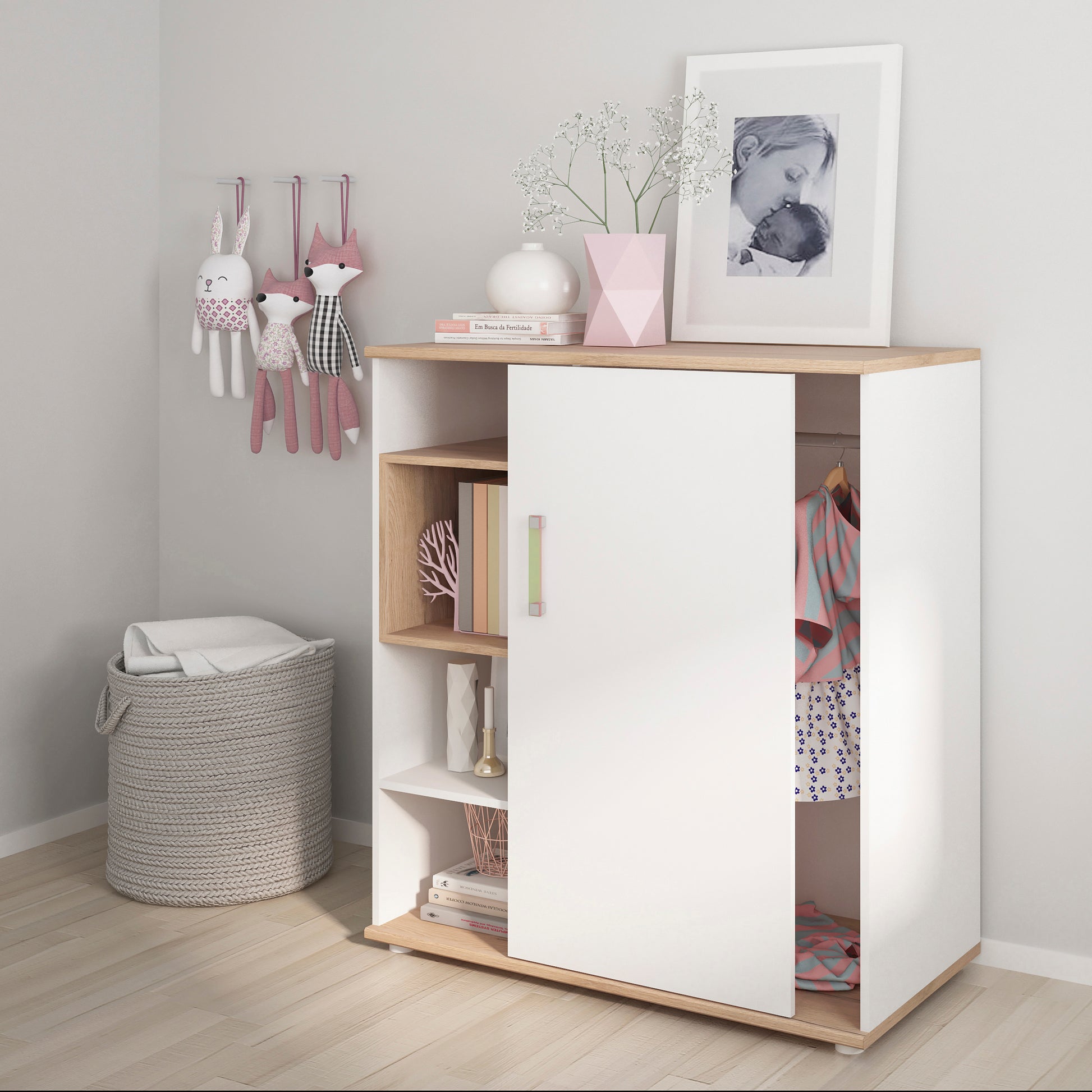 4Kids  Low Cabinet with shelves (Sliding Door) in Light Oak and white High Gloss (lemon handles)