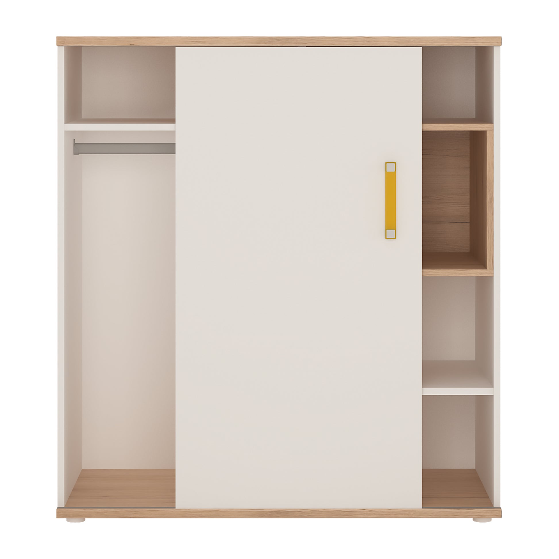 4Kids  Low Cabinet with shelves (Sliding Door) in Light Oak and white High Gloss (orange handles)