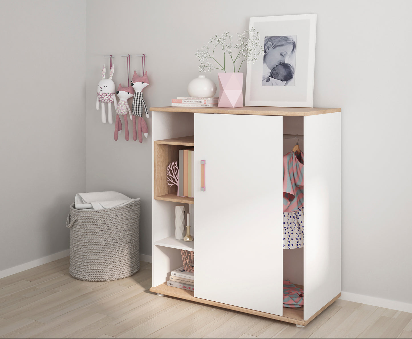 4Kids  Low Cabinet with shelves (Sliding Door) in Light Oak and white High Gloss (orange handles)