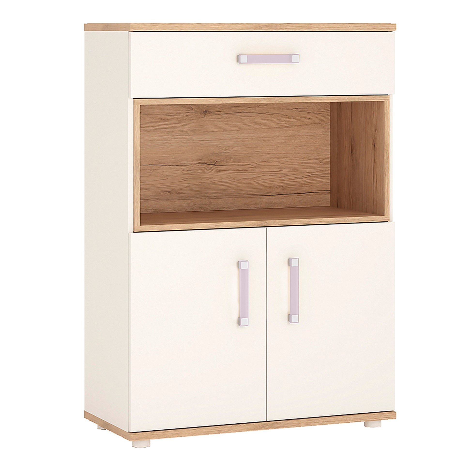 4Kids  2 Door 1 Drawer Cupboard with open shelf in Light Oak and white High Gloss (lilac handles)