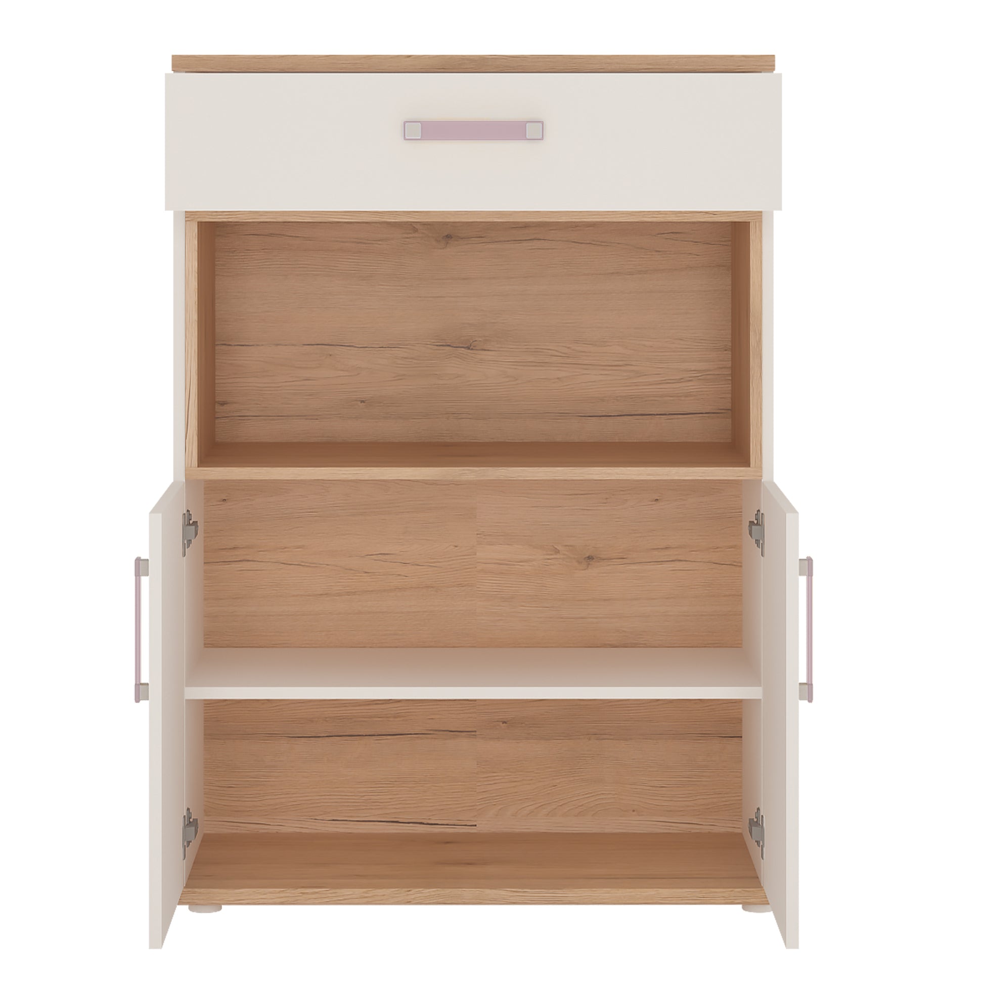 4Kids  2 Door 1 Drawer Cupboard with open shelf in Light Oak and white High Gloss (lilac handles)