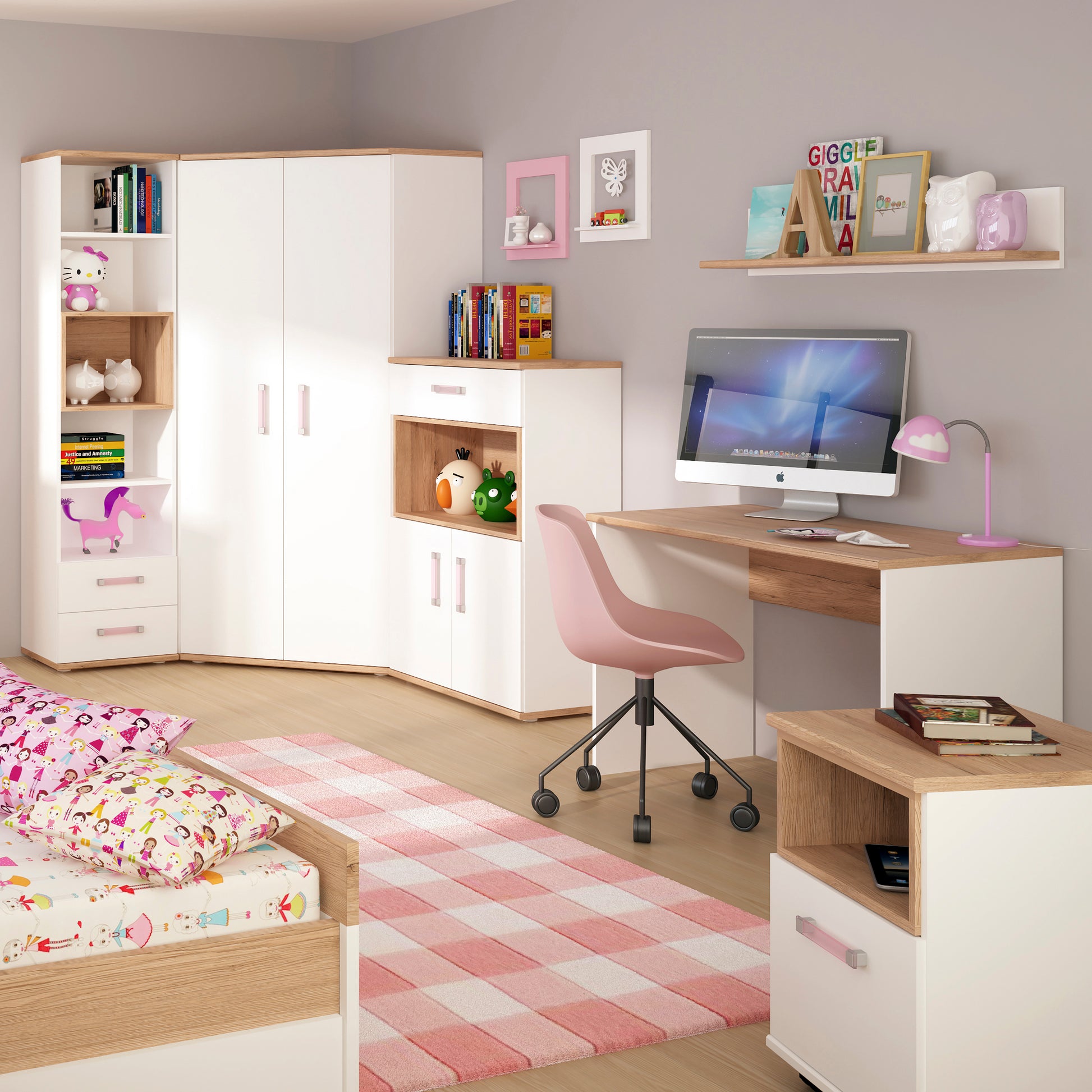 4Kids  2 Door 1 Drawer Cupboard with open shelf in Light Oak and white High Gloss (lilac handles)