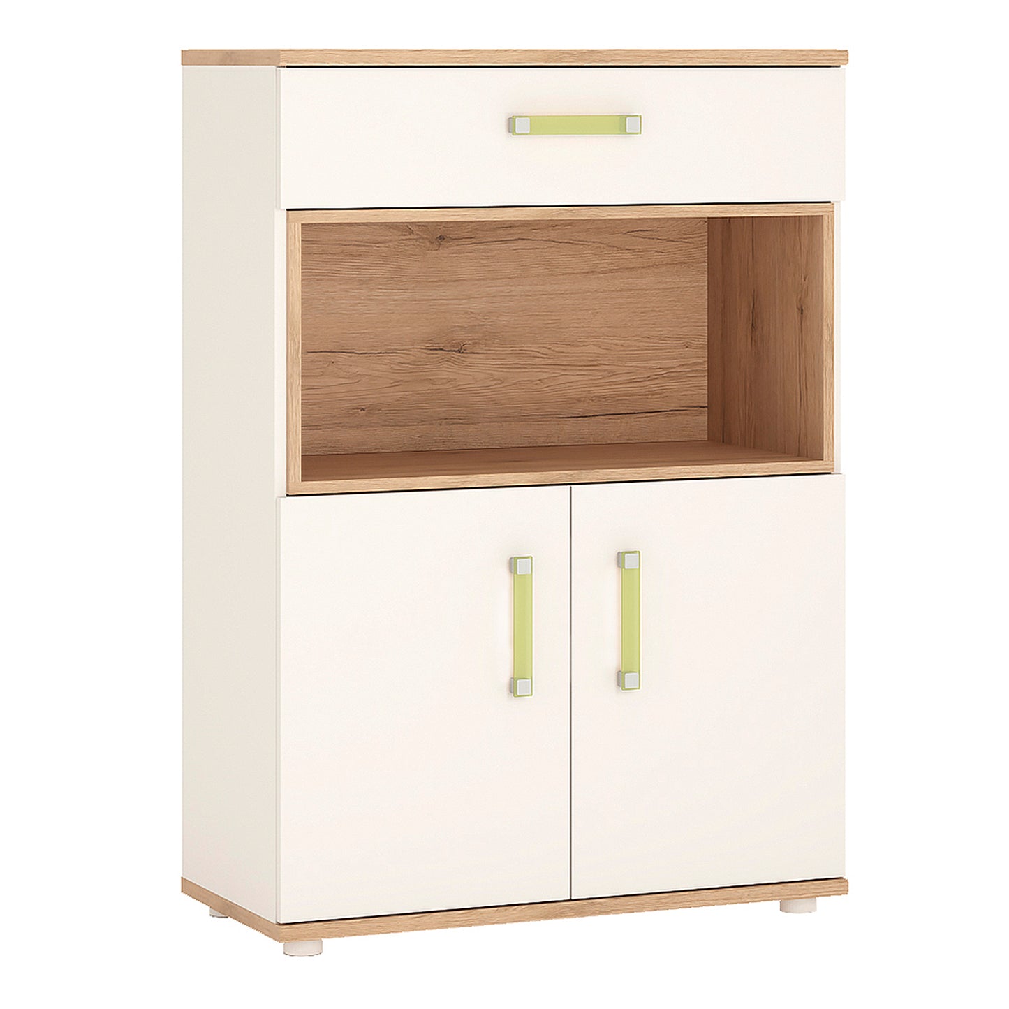 4Kids  2 Door 1 Drawer Cupboard with open shelf in Light Oak and white High Gloss (lemon handles)