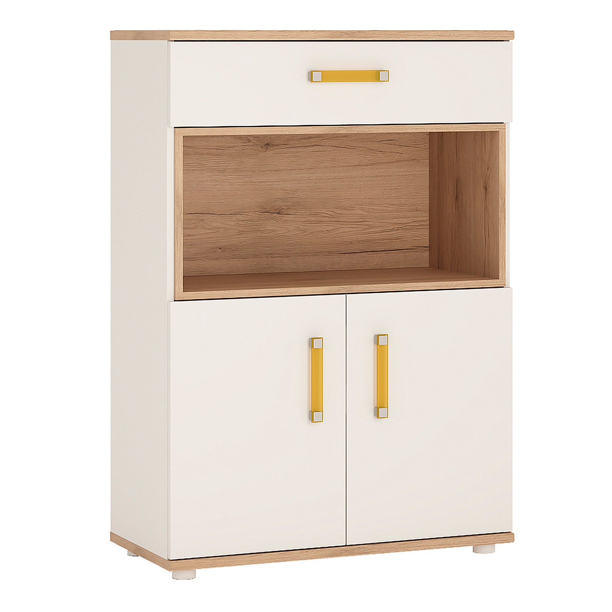 4Kids  2 Door 1 Drawer Cupboard with open shelf in Light Oak and white High Gloss (orange handles)