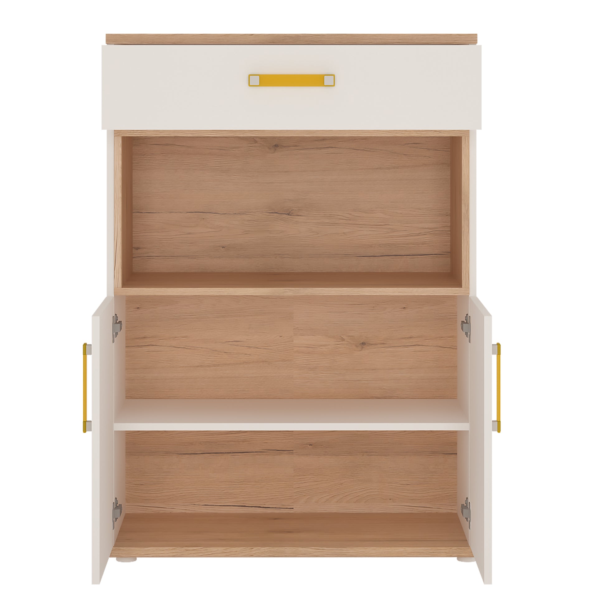 4Kids  2 Door 1 Drawer Cupboard with open shelf in Light Oak and white High Gloss (orange handles)