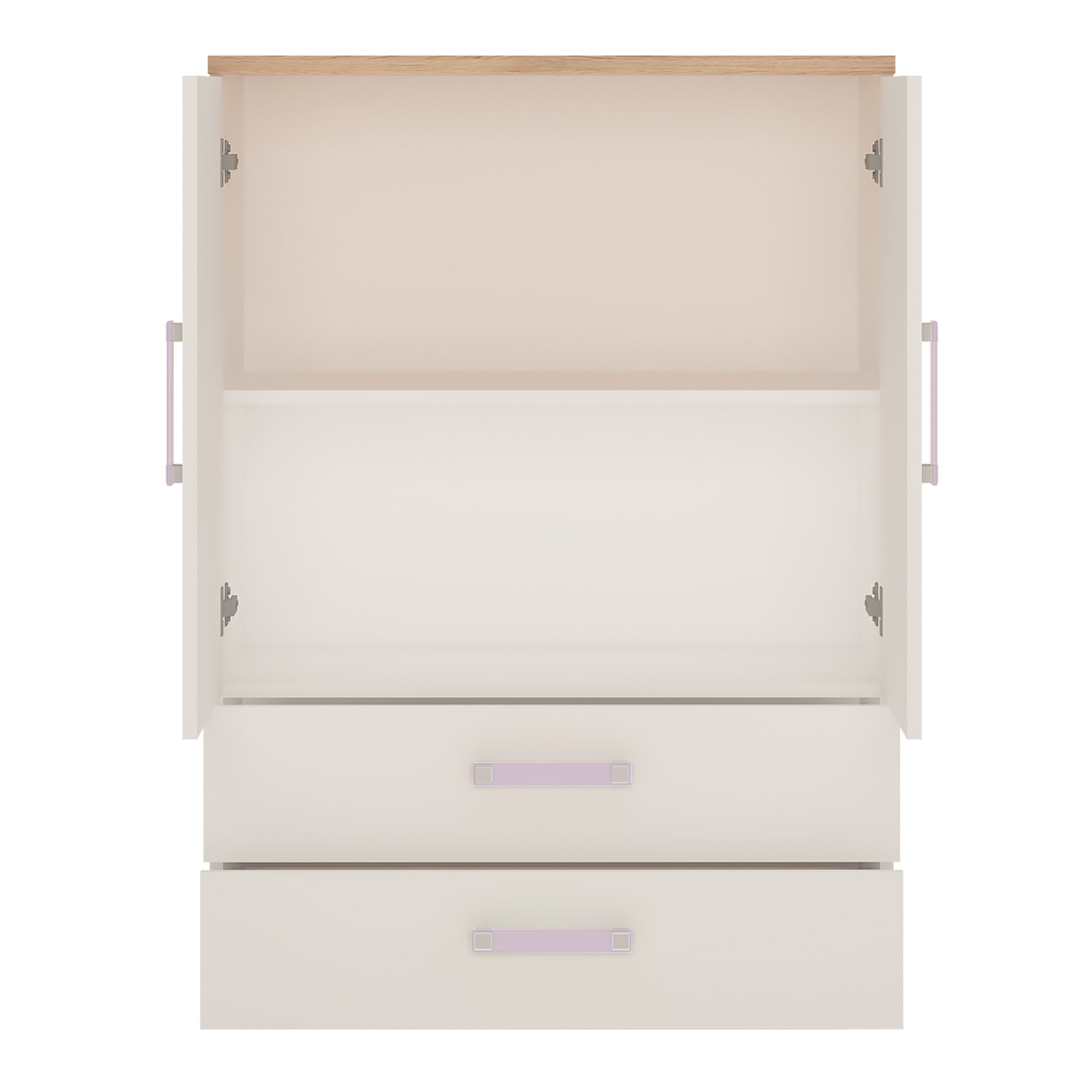 4Kids  2 Door 2 Drawer Cabinet in Light Oak and white High Gloss (lilac handles)
