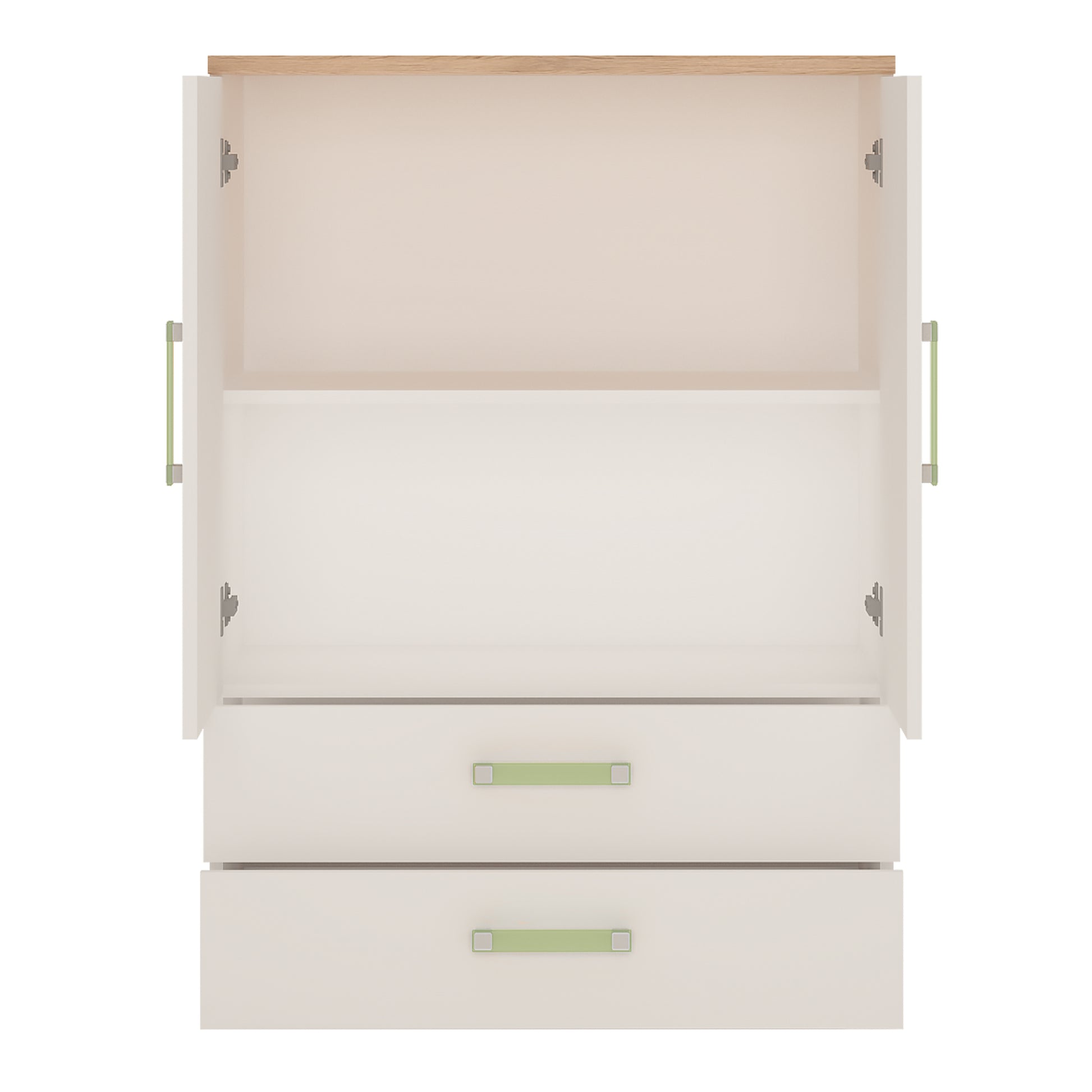 4Kids  2 Door 2 Drawer Cabinet in Light Oak and white High Gloss (lemon handles)