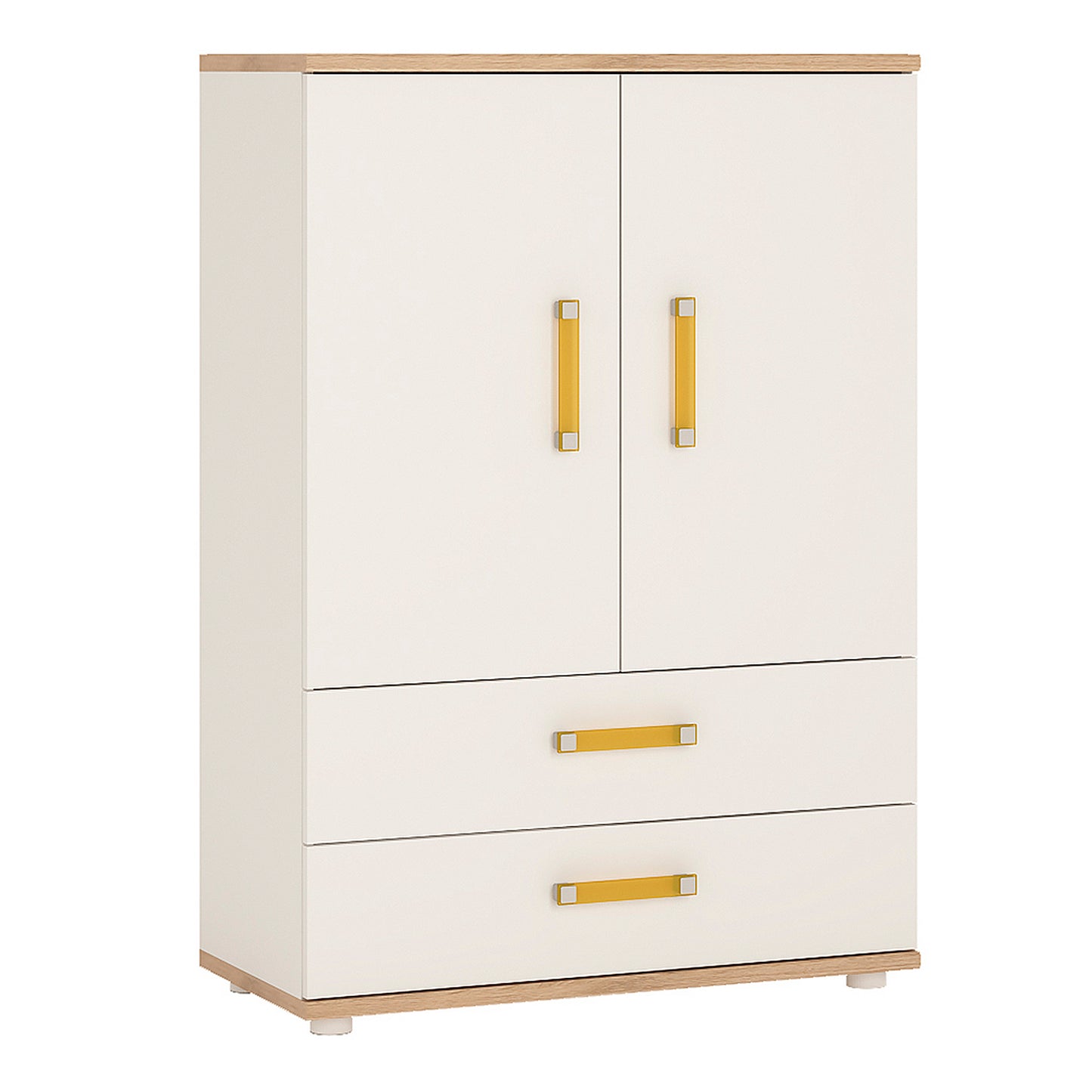 4Kids  2 Door 2 Drawer Cabinet in Light Oak and white High Gloss (orange handles)