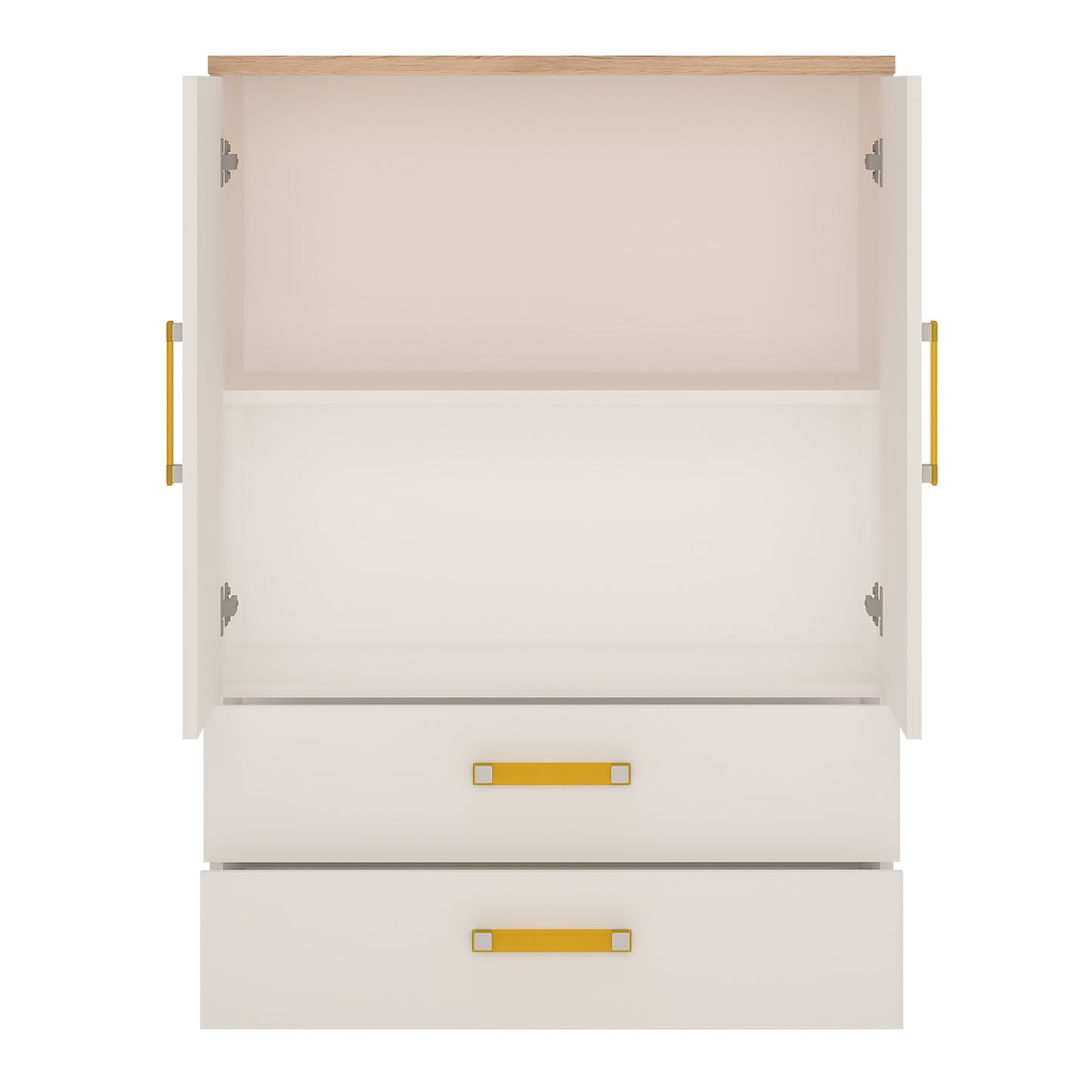 4Kids  2 Door 2 Drawer Cabinet in Light Oak and white High Gloss (orange handles)