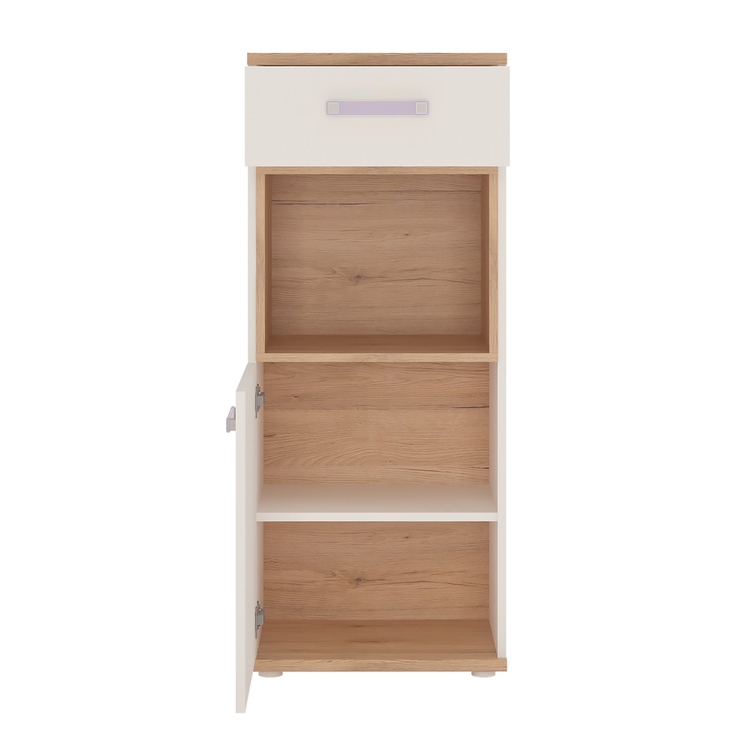 4Kids  1 Door 1 Drawer Narrow Cabinet in Light Oak and white High Gloss (lilac handles)