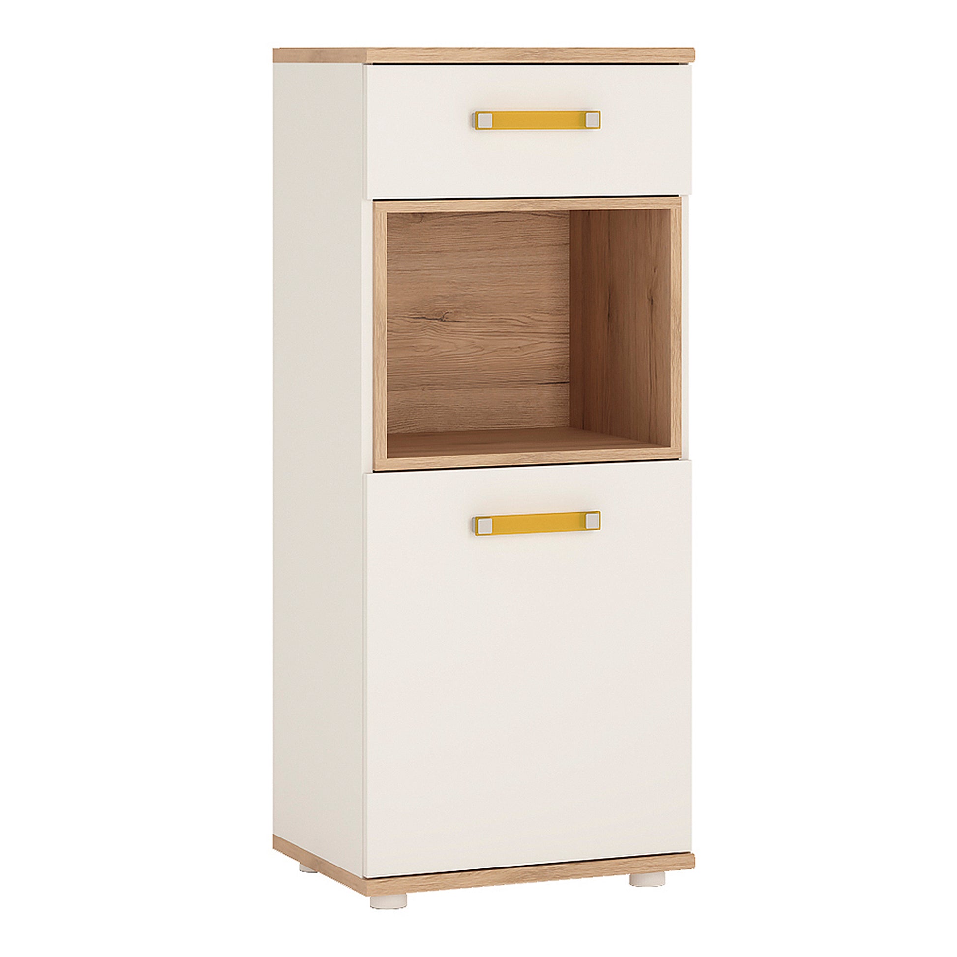 4Kids  1 Door 1 Drawer Narrow Cabinet in Light Oak and white High Gloss (orange handles)