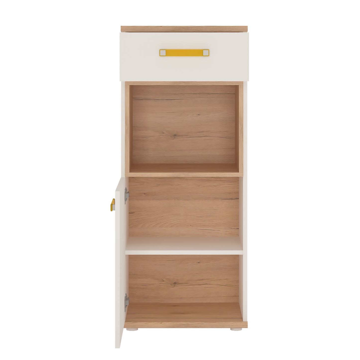 4Kids  1 Door 1 Drawer Narrow Cabinet in Light Oak and white High Gloss (orange handles)