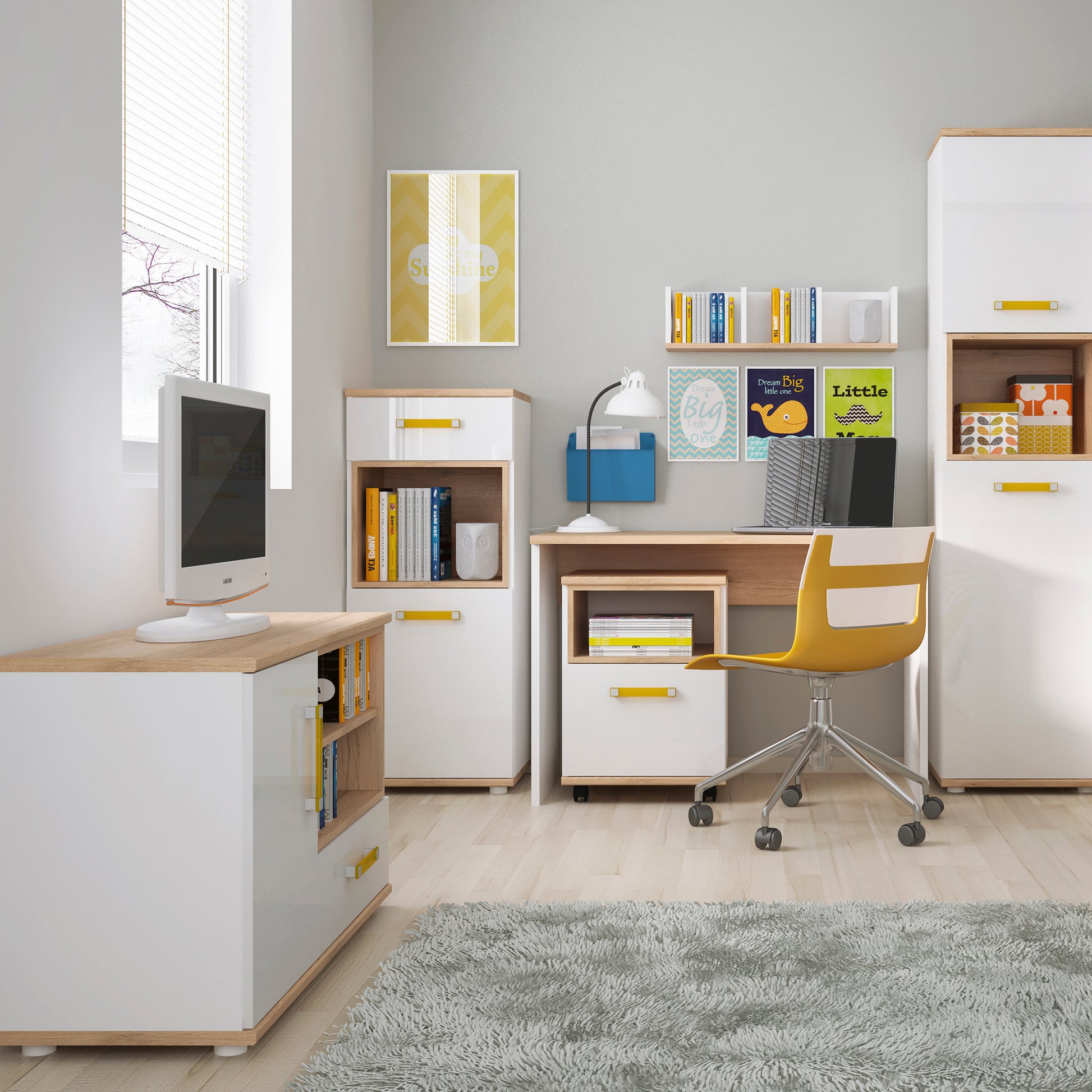 4Kids  1 Door 1 Drawer Narrow Cabinet in Light Oak and white High Gloss (orange handles)