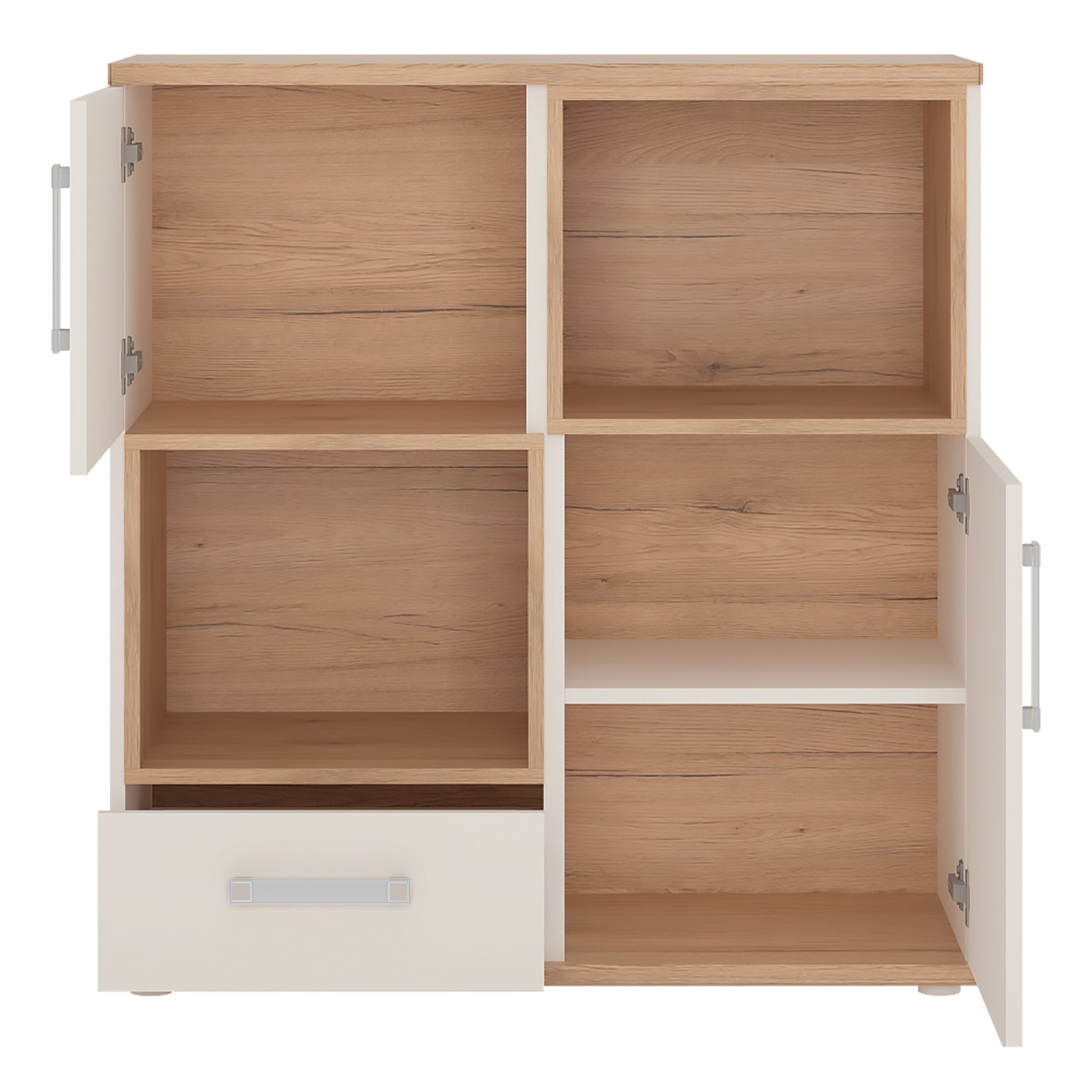 4Kids  2 Door 1 Drawer Cupboard with 2 open shelves in Light Oak and white High Gloss (opalino handles)