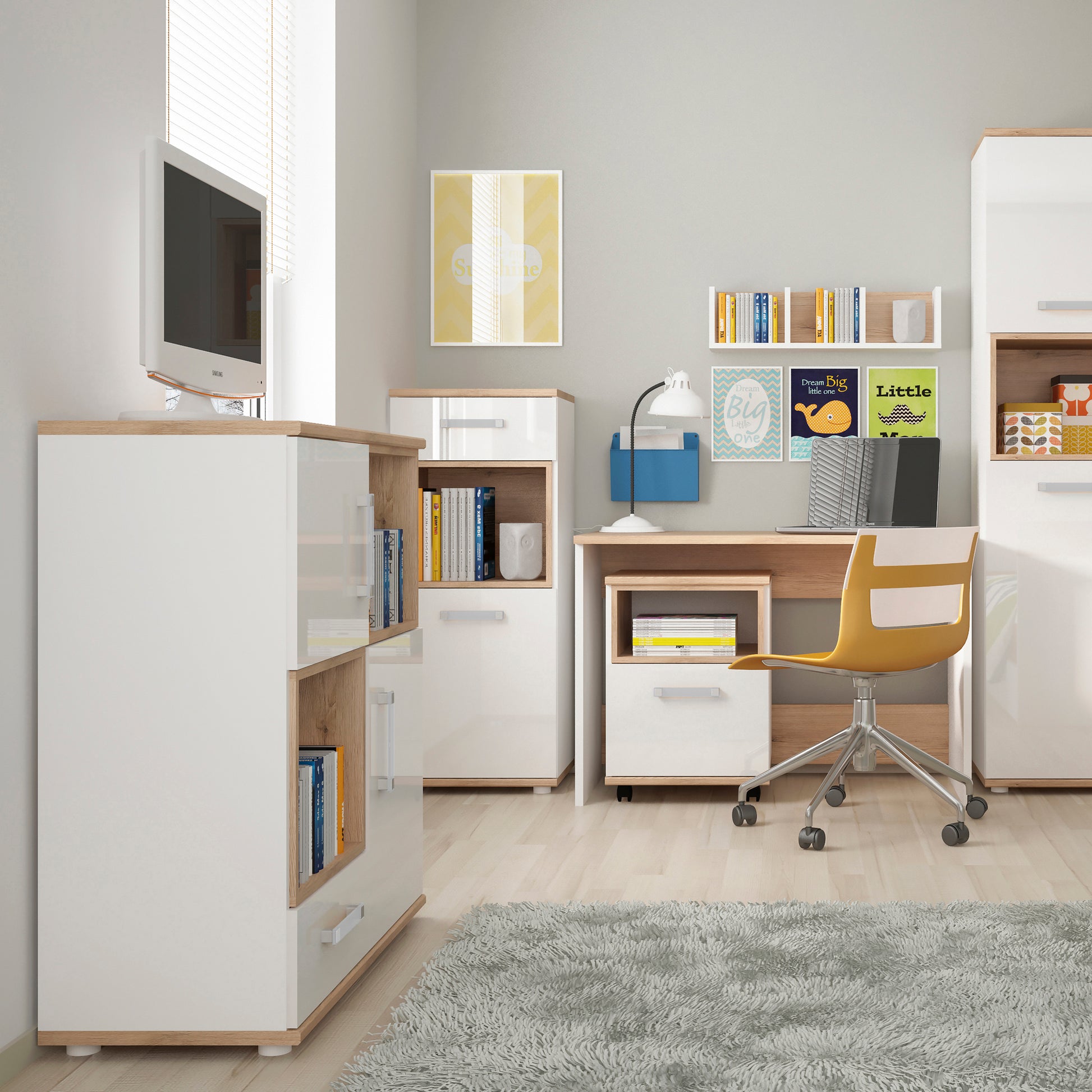 4Kids  2 Door 1 Drawer Cupboard with 2 open shelves in Light Oak and white High Gloss (opalino handles)