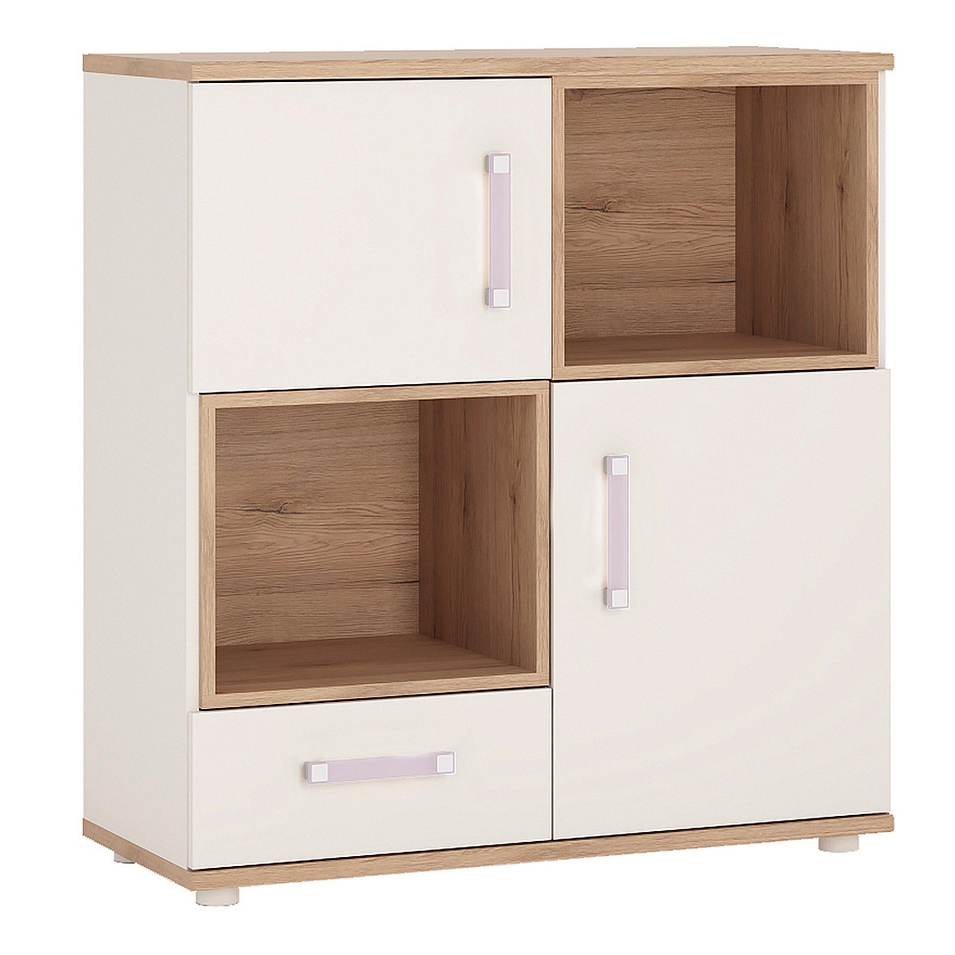 4Kids  2 Door 1 Drawer Cupboard with 2 open shelves in Light Oak and white High Gloss (lilac handles)