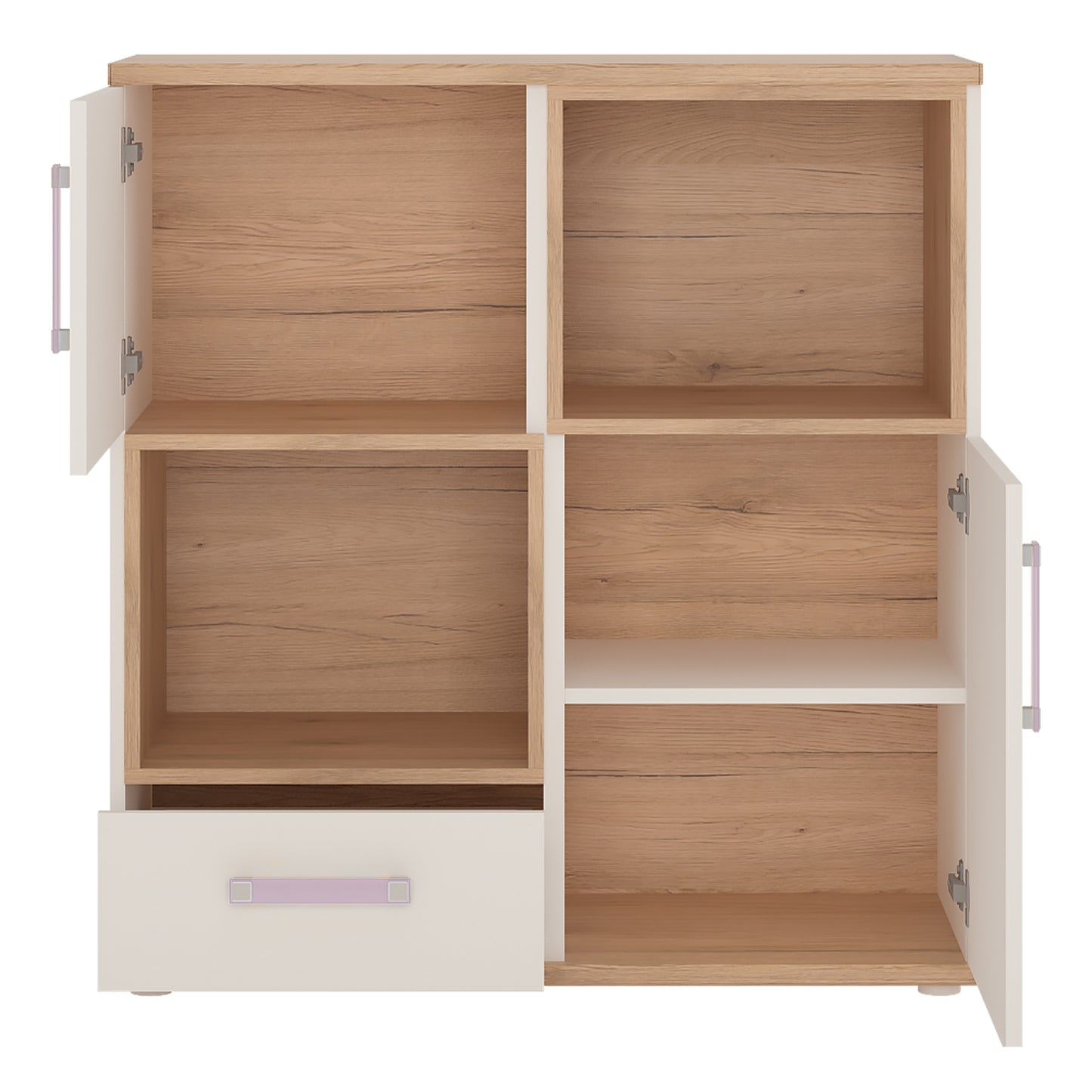 4Kids  2 Door 1 Drawer Cupboard with 2 open shelves in Light Oak and white High Gloss (lilac handles)