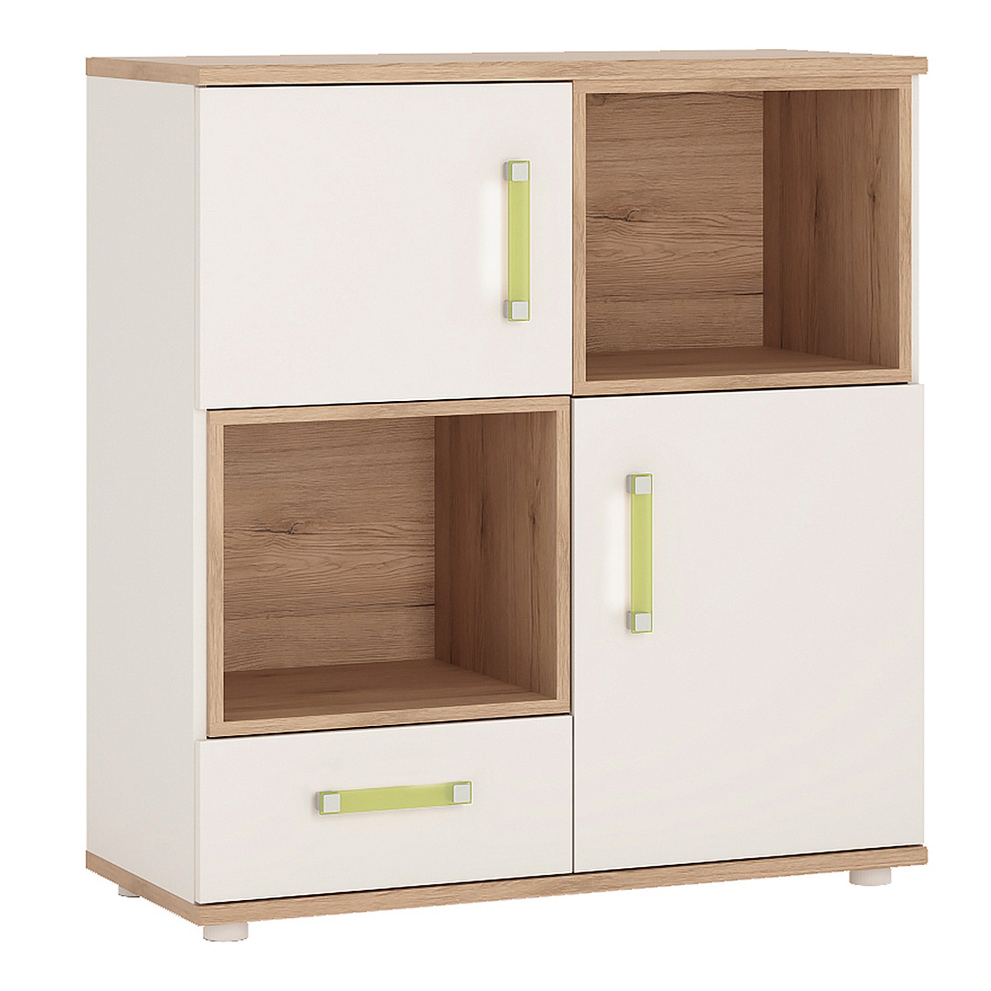 4Kids  2 Door 1 Drawer Cupboard with 2 open shelves in Light Oak and white High Gloss (lemon handles)