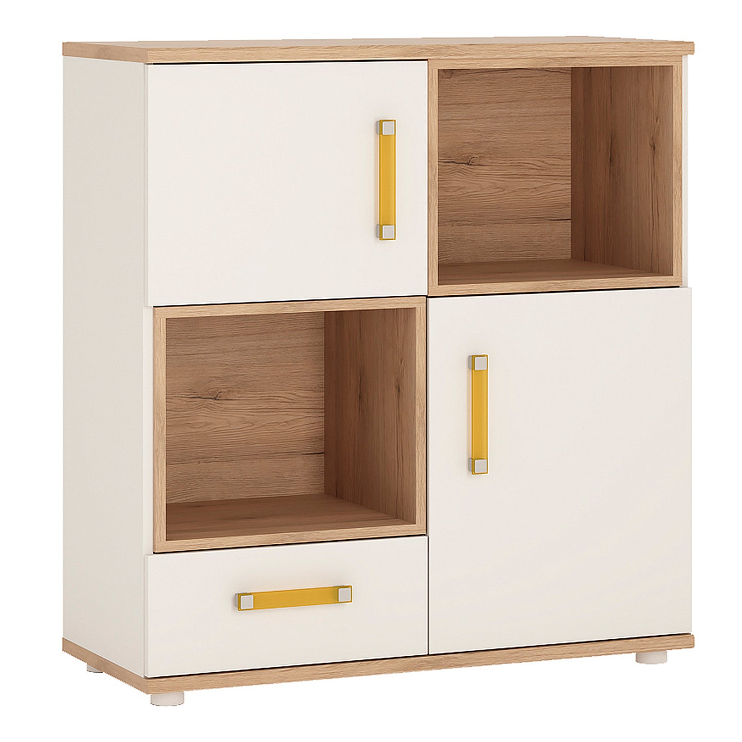 4Kids  2 Door 1 Drawer Cupboard with 2 open shelves in Light Oak and white High Gloss (orange handles)