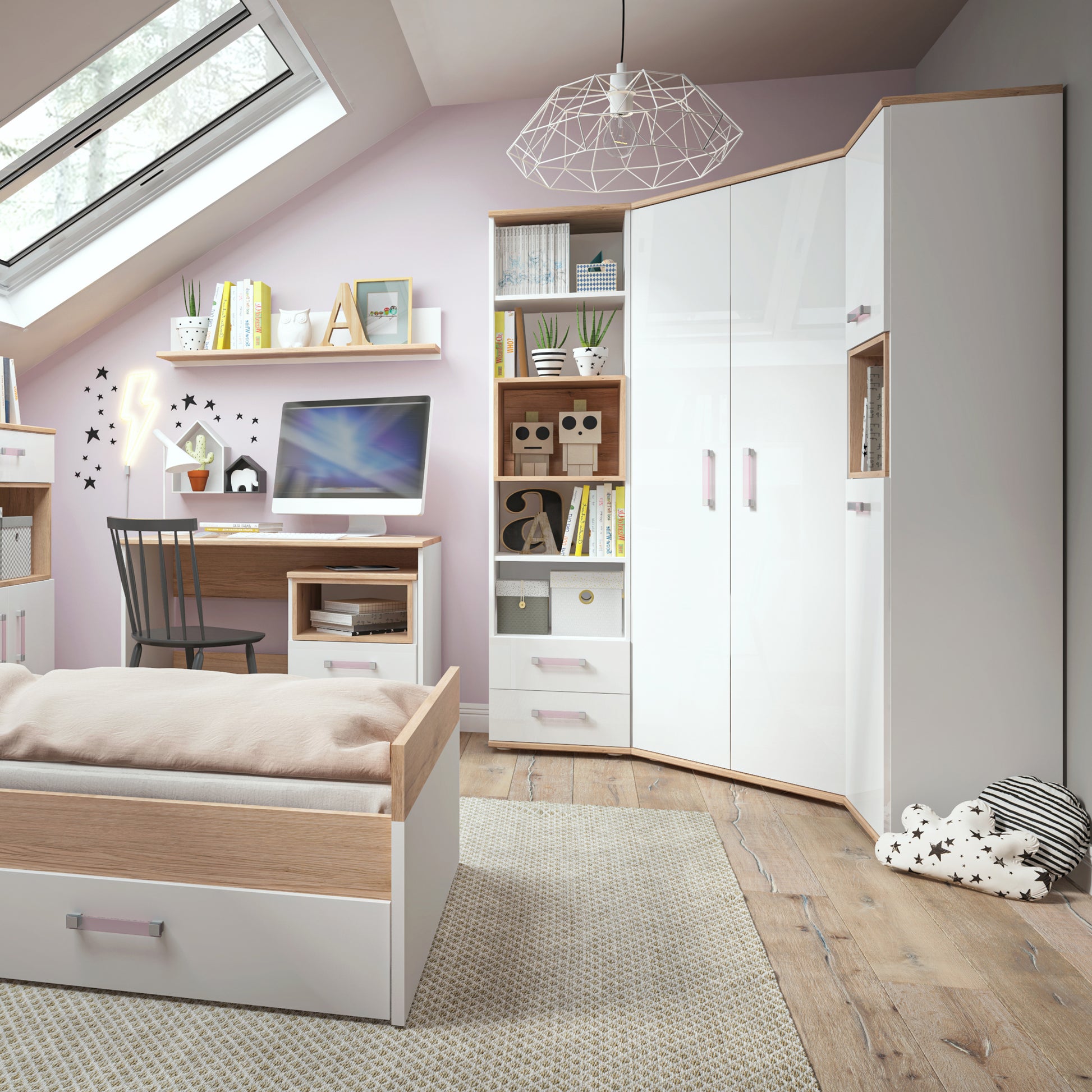 4KIDS 4kids 110 cm wall shelf in light oak and white high gloss