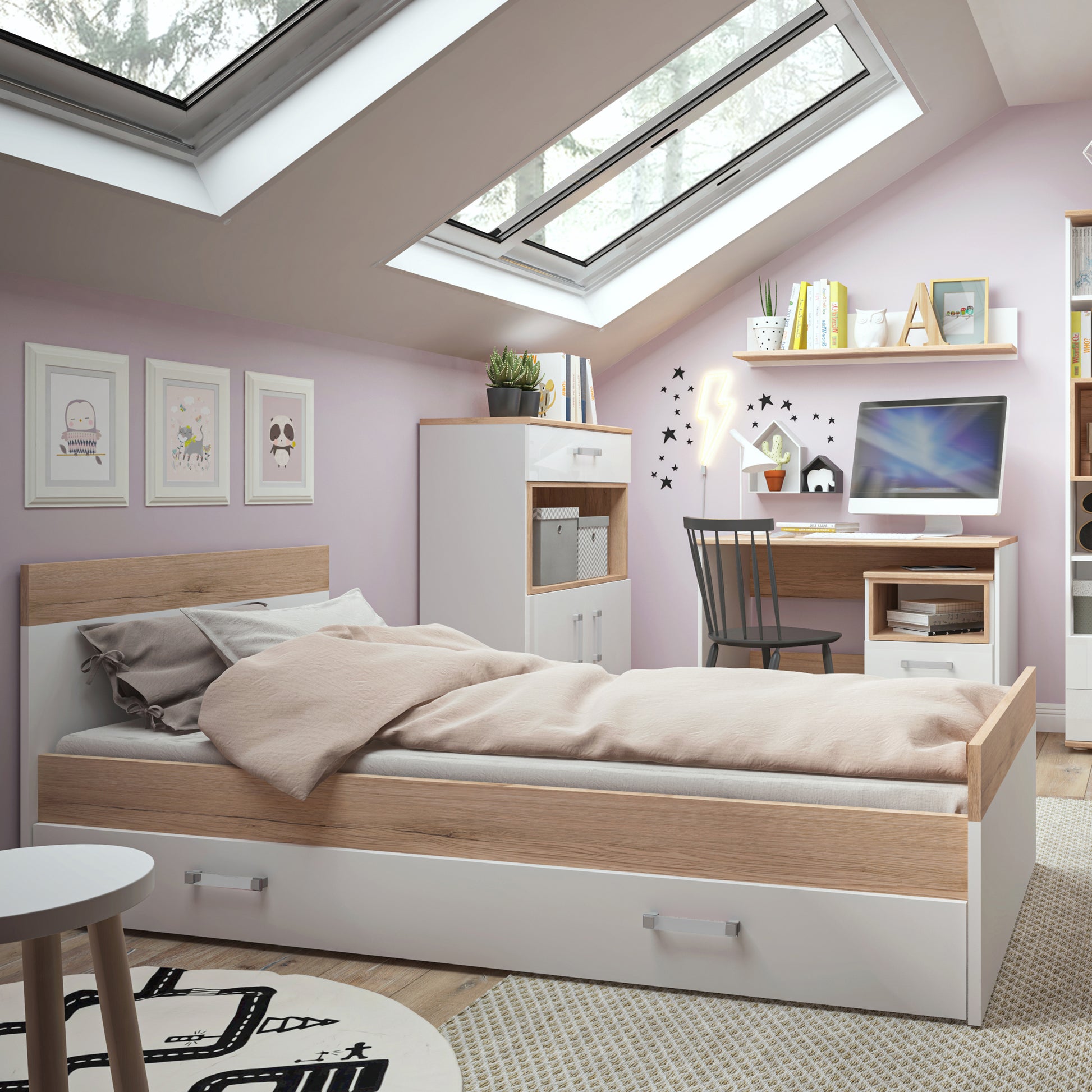 4Kids  1 Door Desk Mobile in Light Oak and white High Gloss (opalino handles)