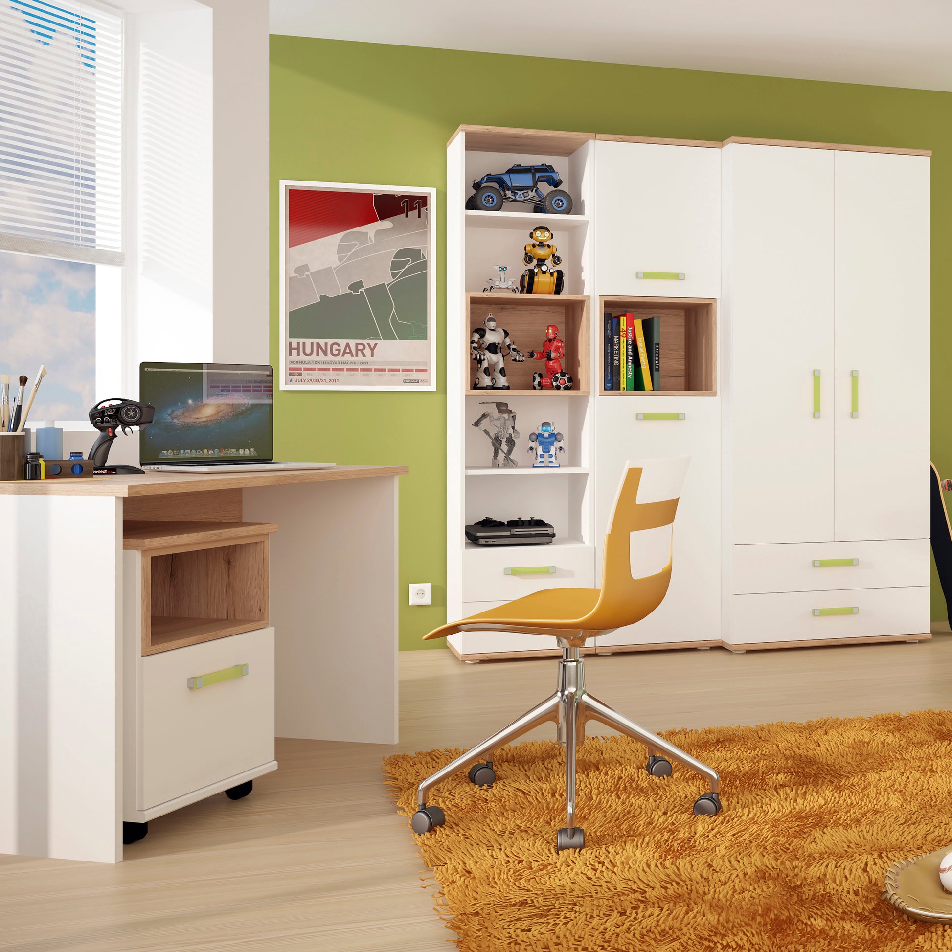 4Kids  1 Door Desk Mobile in Light Oak and white High Gloss (lemon handles)