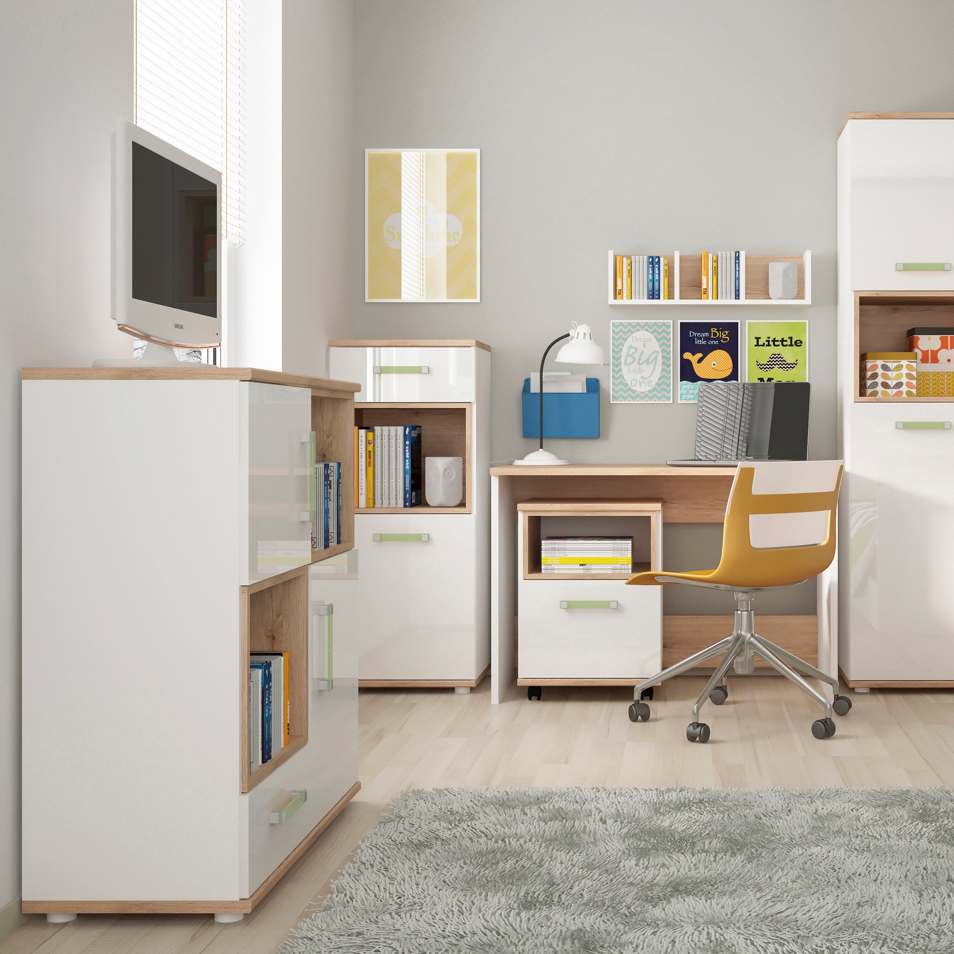 4Kids  1 Door Desk Mobile in Light Oak and white High Gloss (lemon handles)
