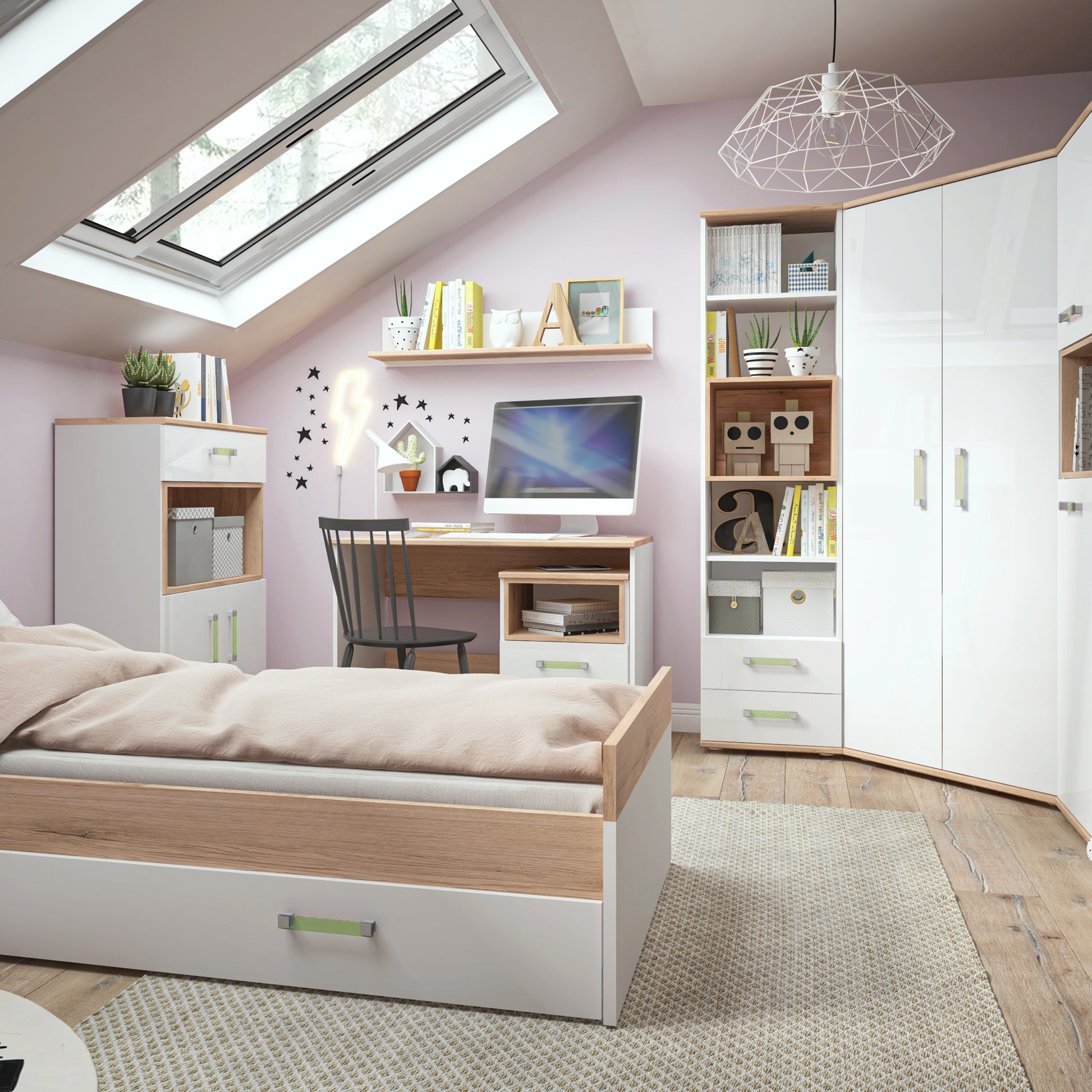 4Kids  1 Door Desk Mobile in Light Oak and white High Gloss (lemon handles)