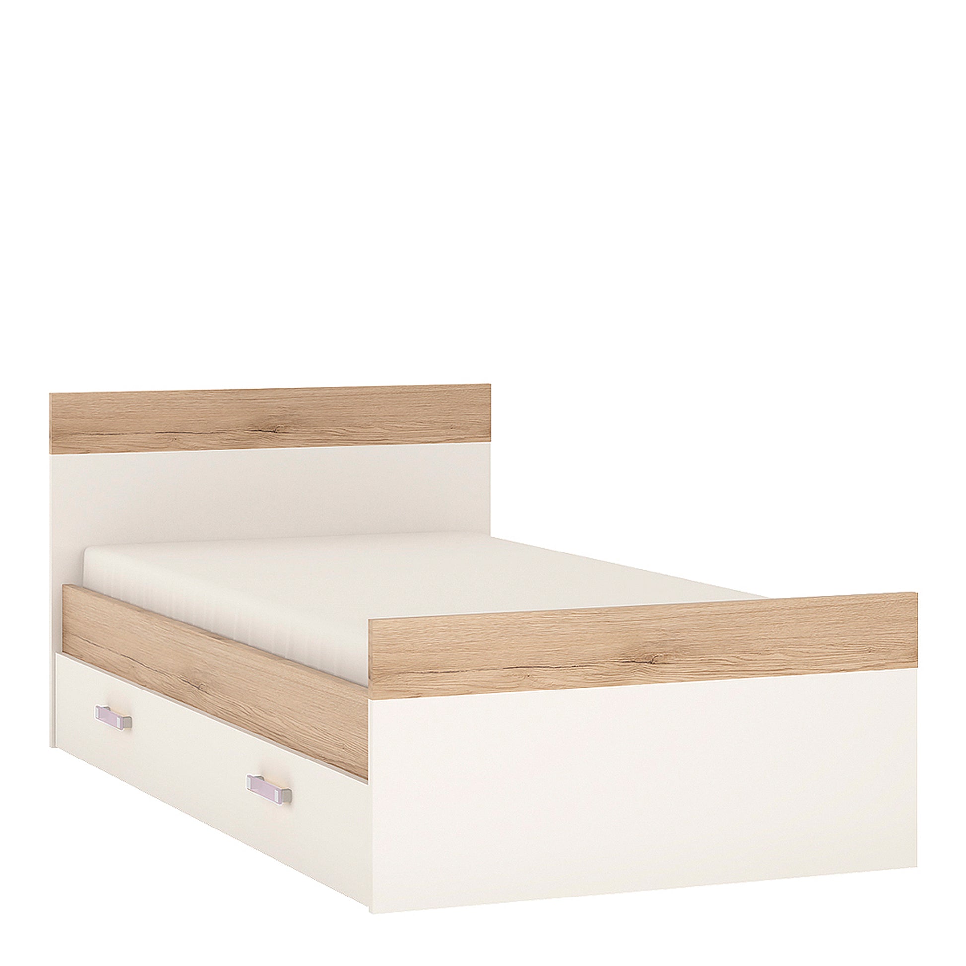 4Kids  Single Bed with under Drawer in Light Oak and white High Gloss (lilac handles)