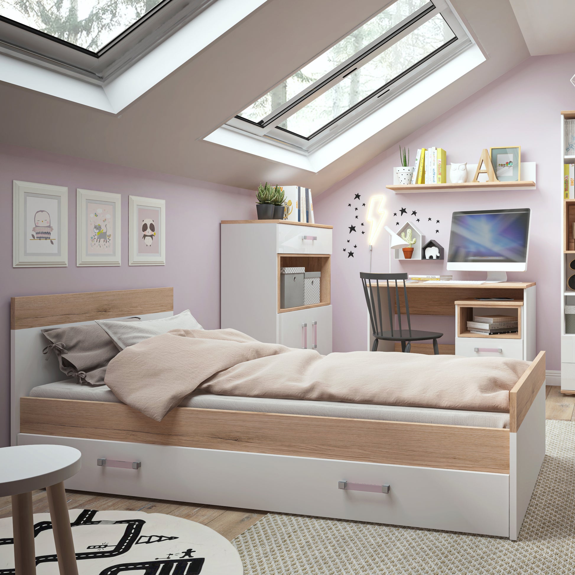 4Kids  Single Bed with under Drawer in Light Oak and white High Gloss (lilac handles)