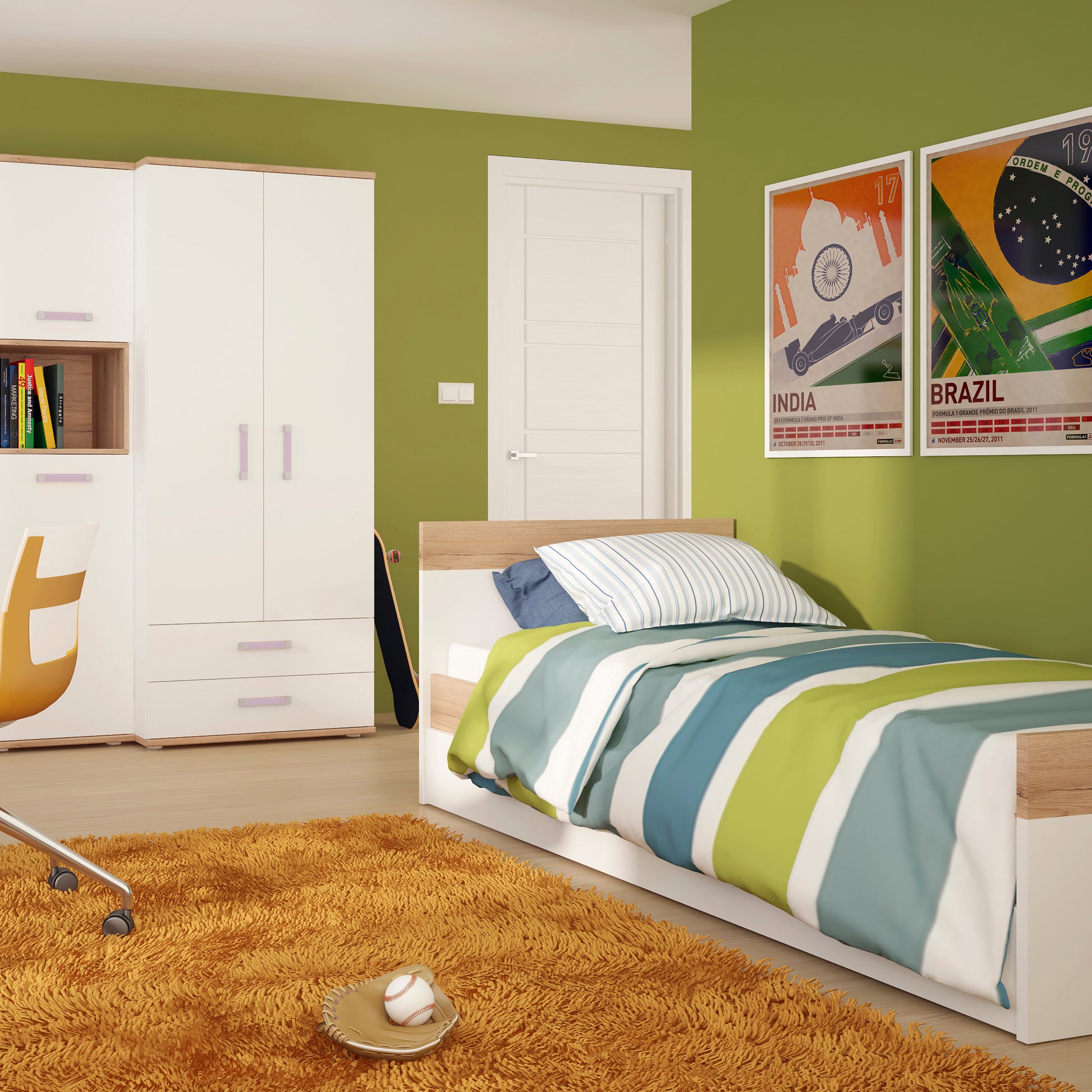 4Kids  Single Bed with under Drawer in Light Oak and white High Gloss (lilac handles)