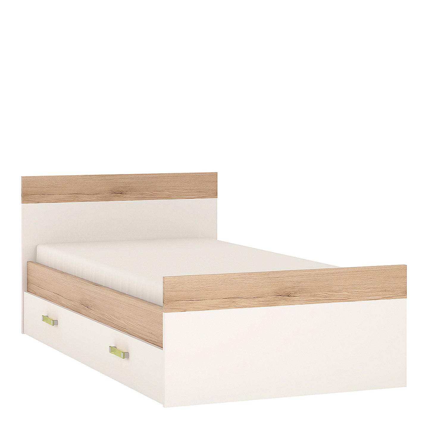 4Kids  Single Bed with under Drawer in Light Oak and white High Gloss (lemon handles)