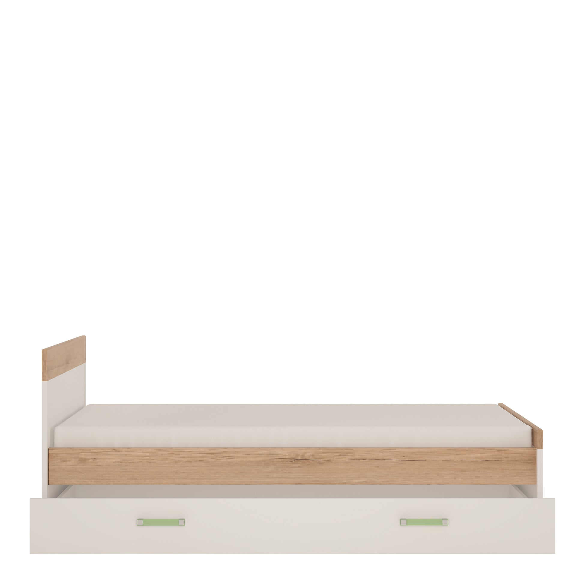 4Kids  Single Bed with under Drawer in Light Oak and white High Gloss (lemon handles)