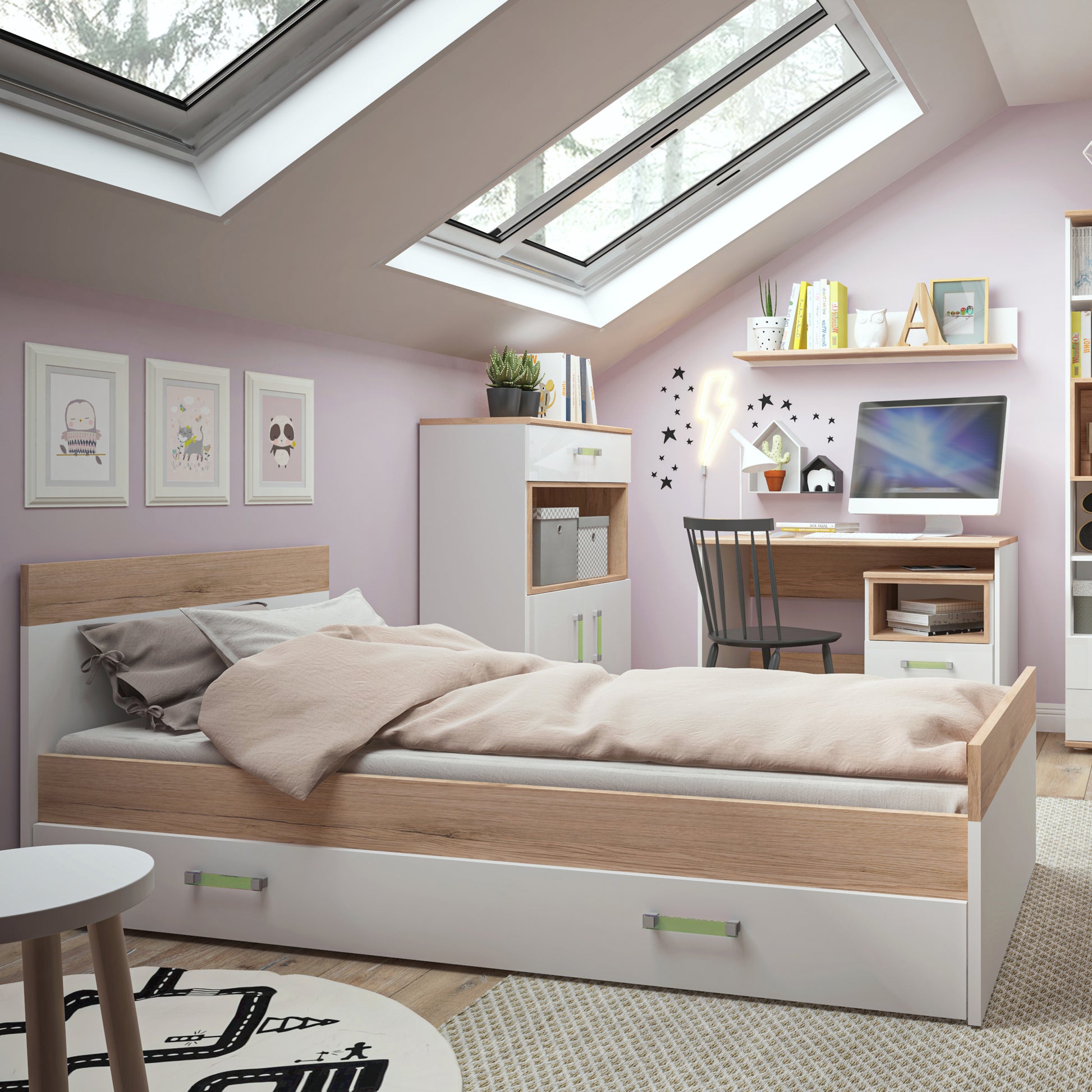 4Kids  Single Bed with under Drawer in Light Oak and white High Gloss (lemon handles)