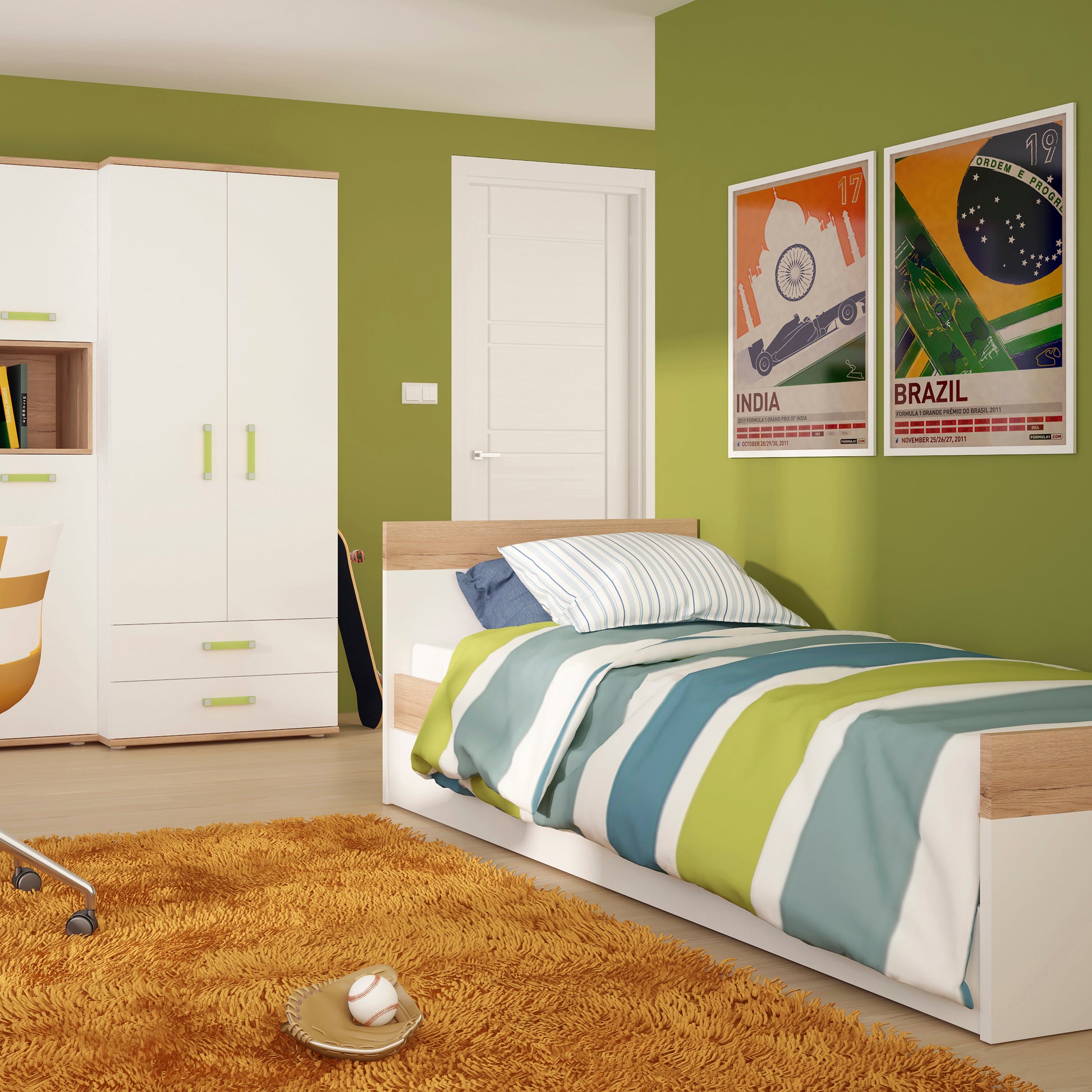 4Kids  Single Bed with under Drawer in Light Oak and white High Gloss (lemon handles)