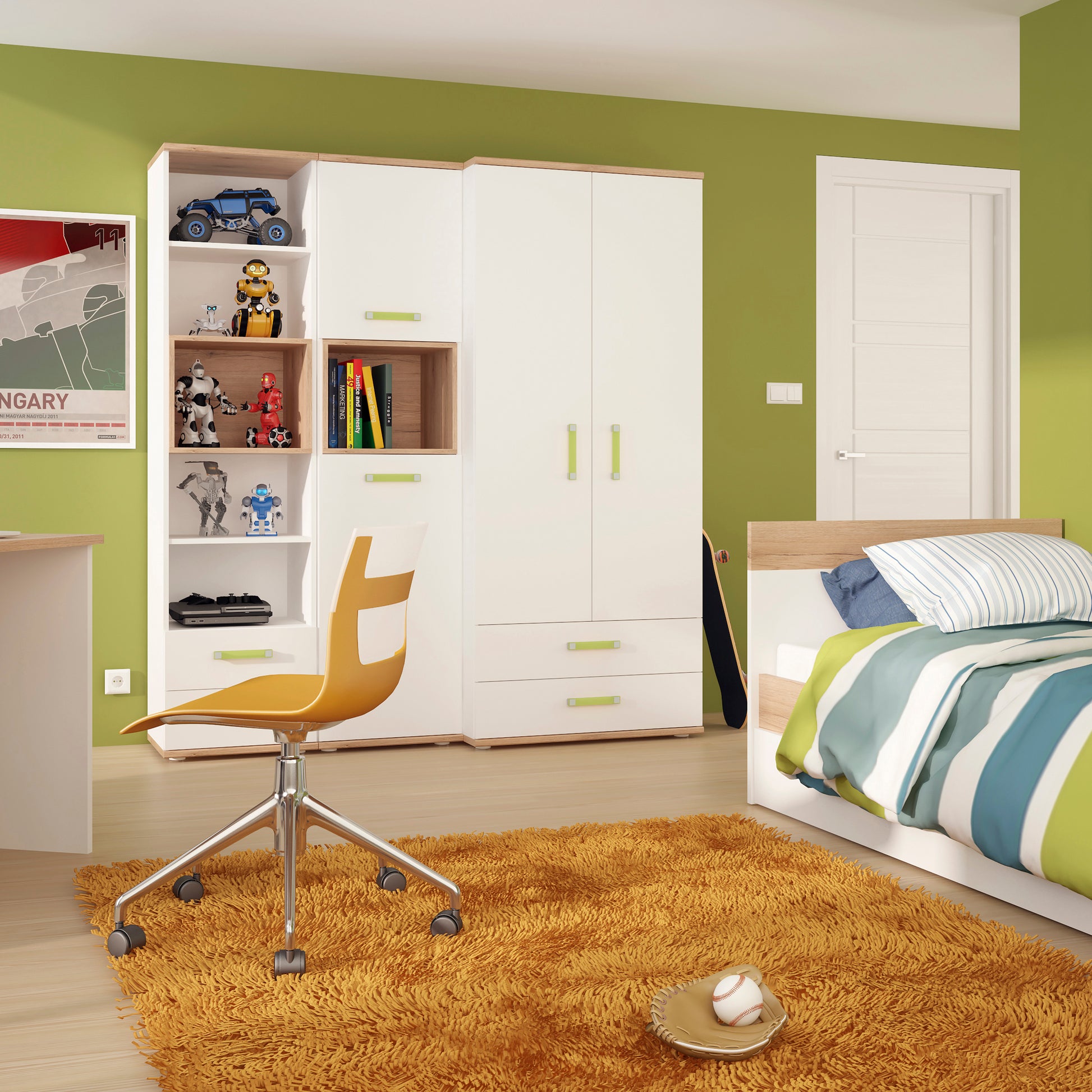 4Kids  Single Bed with under Drawer in Light Oak and white High Gloss (lemon handles)