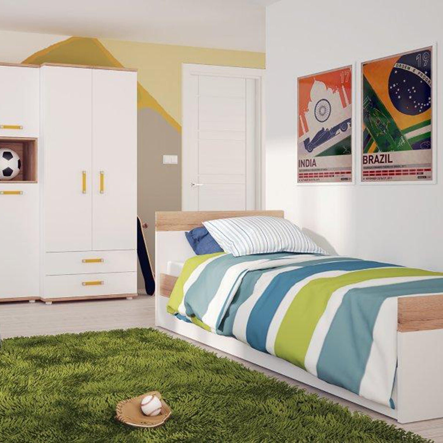 4Kids  Single Bed with Underbed Drawer in Light Oak and white High Gloss (orange handles)