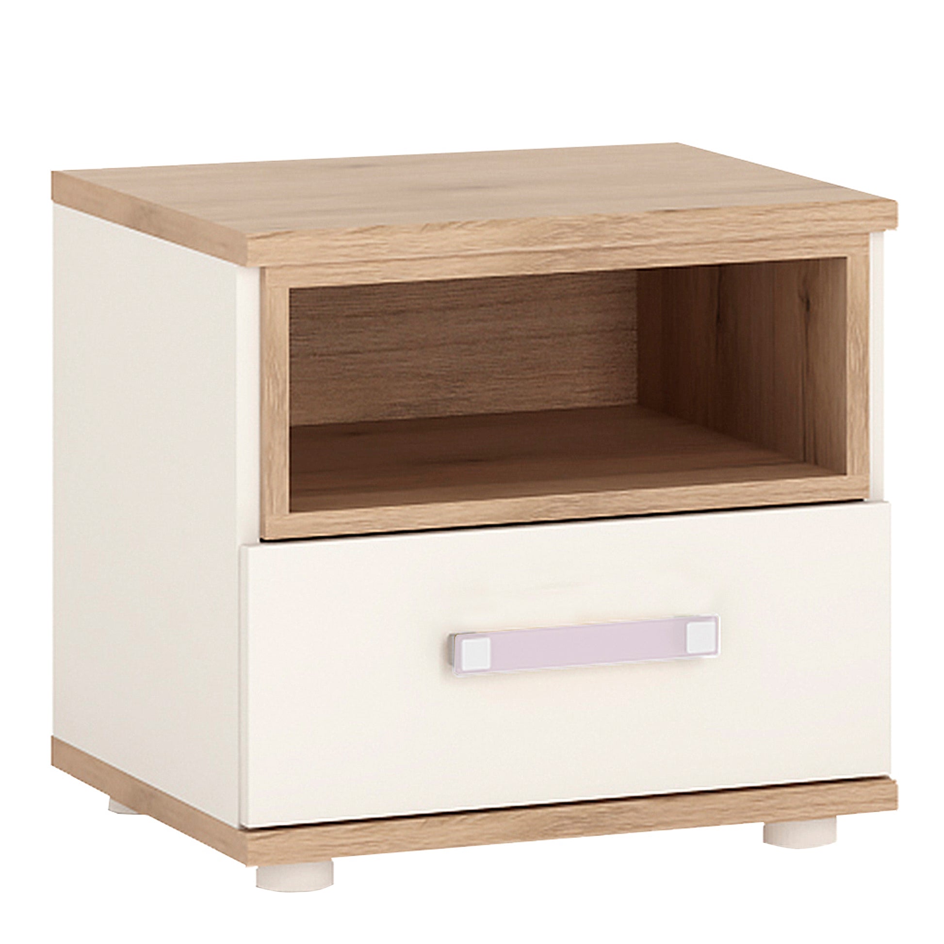 4Kids  1 Drawer bedside Cabinet in Light Oak and white High Gloss (lilac handles)